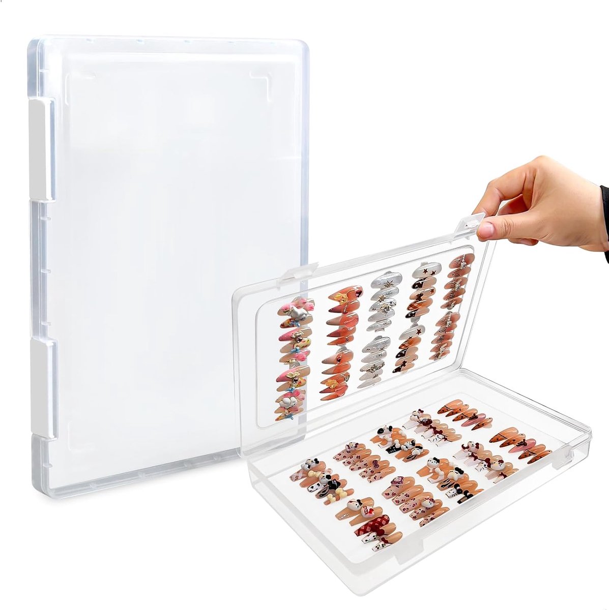 doorzichtige acryl nagelopbergdoos, biedt plaats aan maximaal 60 sets kunstnagels, geschikt voor lange en korte nagelvormen.