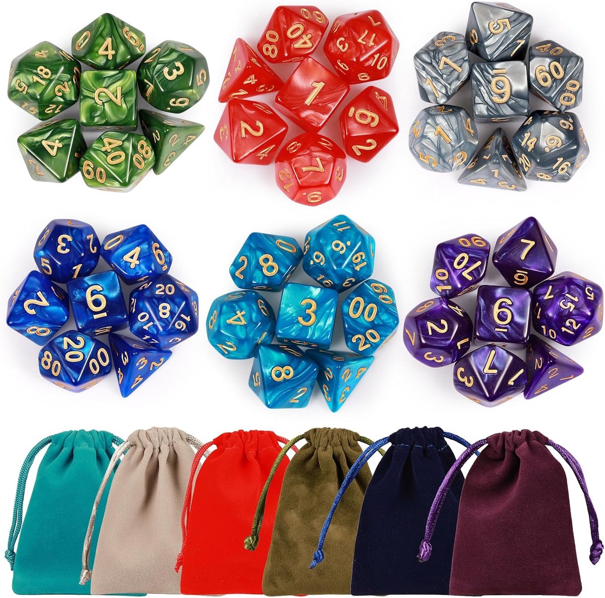 dobbelstenen set, 6 x 7 (42 stuks) DND Dice met 6 zakken met trekkoord, voor Dungeons en Dragons Pathfinder DND RPG MTG, 6 set DND dobbelstenen van D4 D6 D8 D10x2 D12 D20