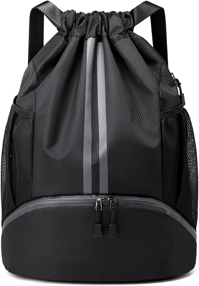 Sporttas met trekkoord, gymtas voor heren, sportrugzak voor dames, rugzak met trekkoord, waterdichte gymtas, uniseks, sport, reizen, zwemmen, zwart, L, Casual