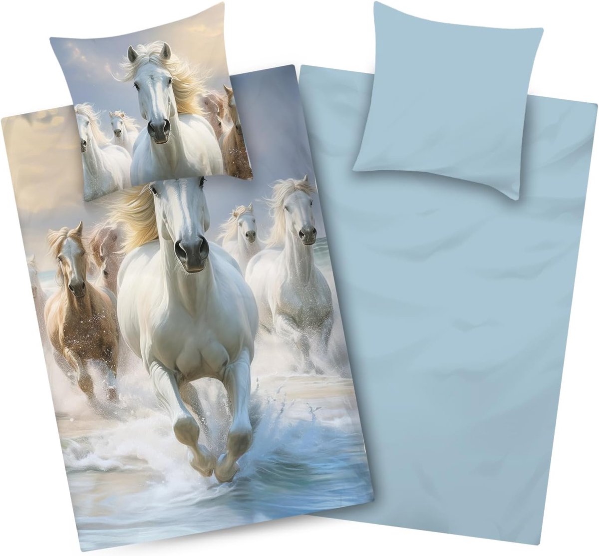 kids Beddengoed Meisjes 135x200 Paard - Katoen - Kinderbeddengoed met Paardenmotief - Blauw Wit - Ritssluiting - Omkeerbaar Beddengoed