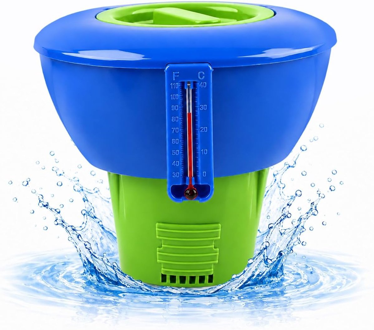 Chloor Zwembad, chloordiffuser voor zwembad met thermometer, chloordispenser, chloorcontainer, voor automatische chloor en bromatisering van zwembaden (groen, 20 cm)