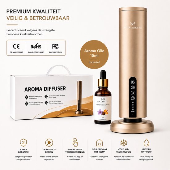 Gouden Nira Breeze smart aroma diffuser, naast een verpakking en een flesje aromaolie. Staat op een basis met LED-verlichting.