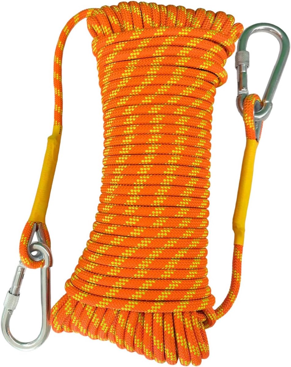 10m Statisch Touw 8mm Outdoor Bergbeklimmen Touw met 2 Stalen Haken Heavy Duty Voor Reddingsboten Parachutes Wandelen Camping UIAA Certificering Fluorescent Oranje