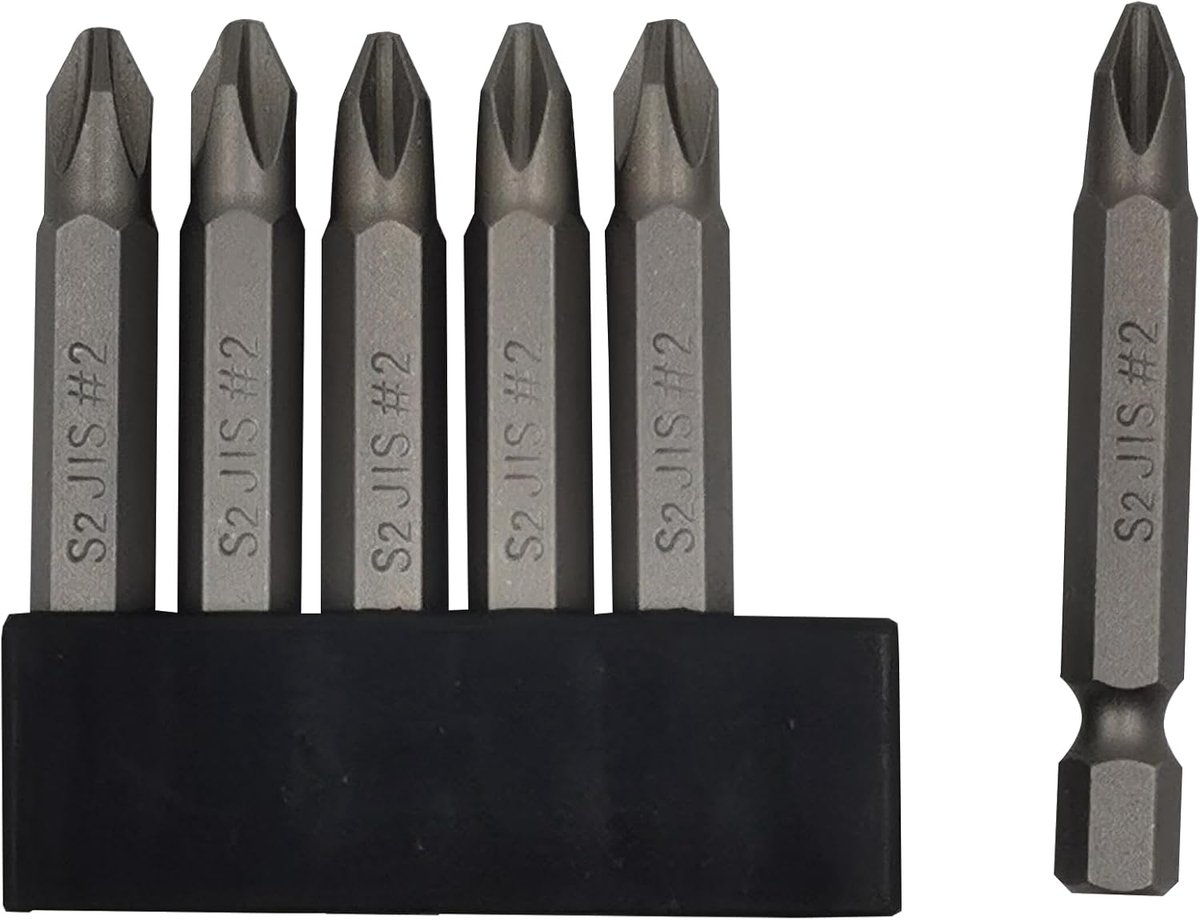 6 Stks 50 mm JIS schroevendraaier bit set met magnetische tip, 1/4 zeskantschacht, S2 legeringstaal & 6-gats opbergstrip - perfect voor Japanse motorfietsen, auto's, fietsen en apparatuur (JIS #2x6)