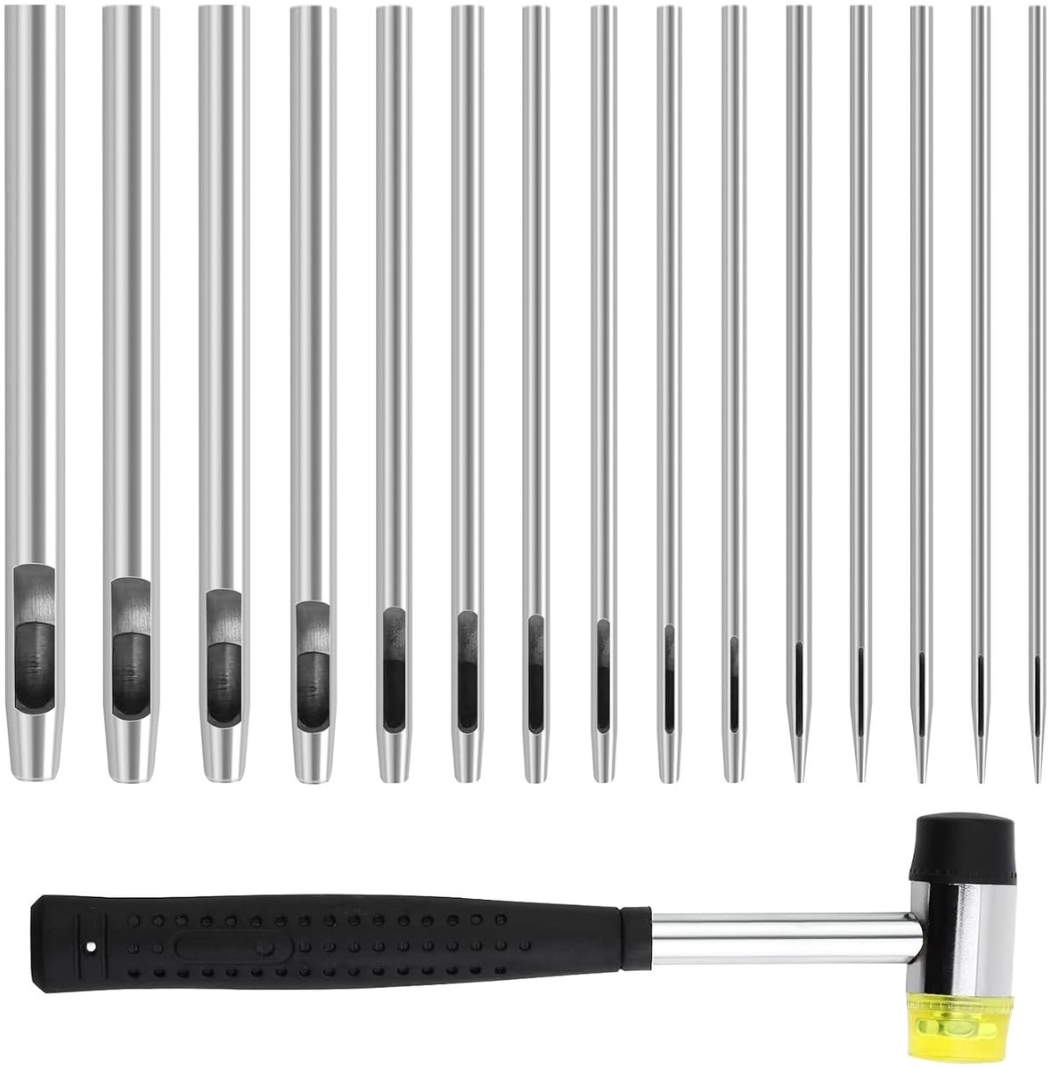 Set van 15 stuks gatenijzerset, leer 0,5 mm tot 6 mm, ronde stalen holle punchset met 1 rubberen hamer, geschikt voor leer, horlogebandje, afdichtingsriem, stof (15 maten)