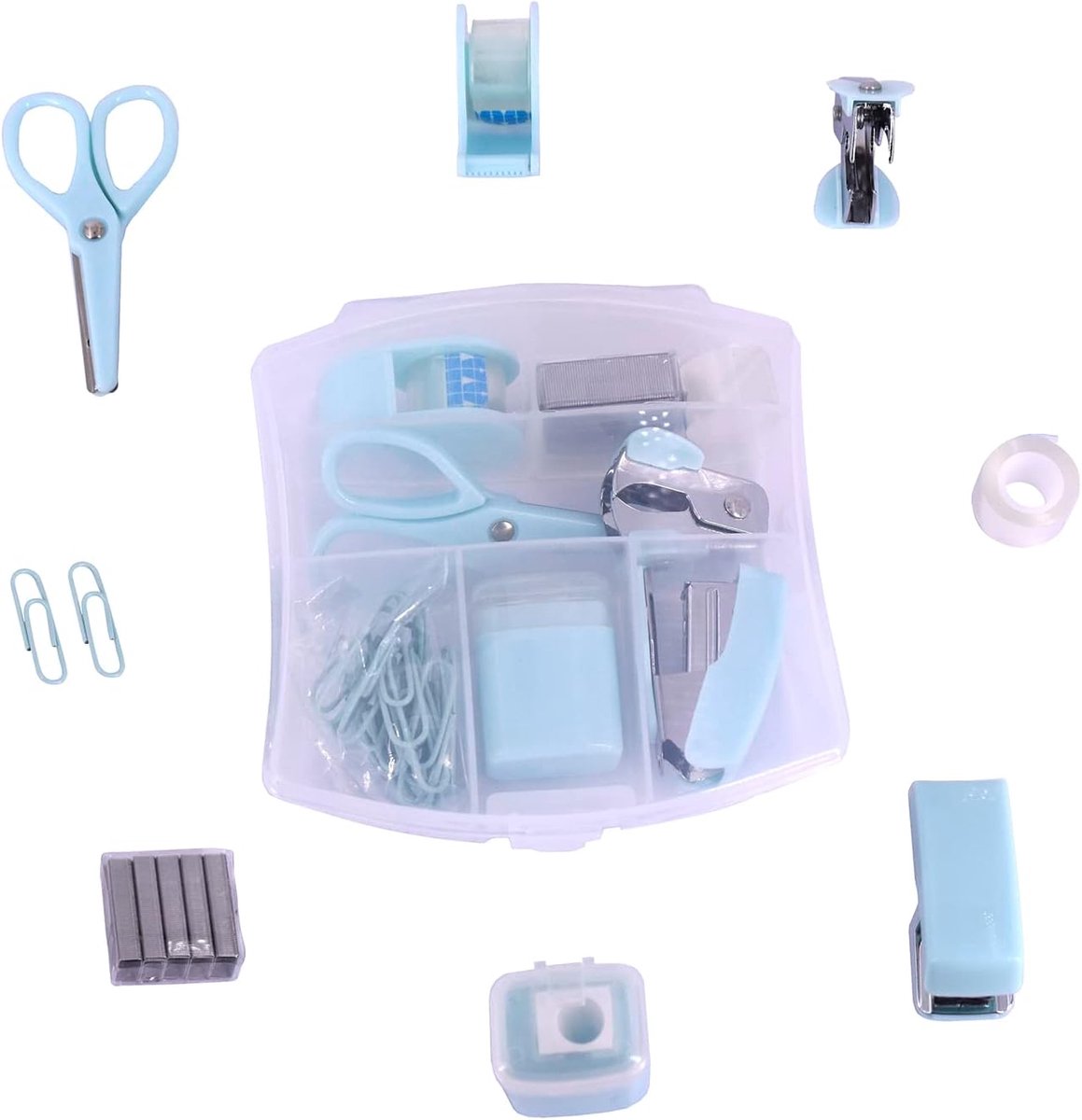 mini-nietmachine, schaar, nietjes, plakbanddispenser (blauw)