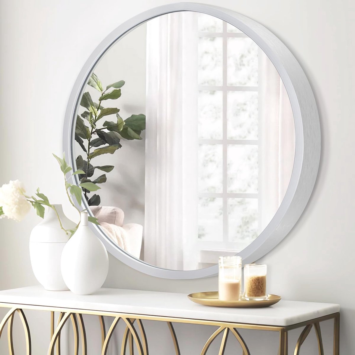 Cirkel Wandspiegel 40CM Metalen Ronde Spiegel voor Badkamer Zilveren Cirkelvormige Spiegels Wasruimte Wandgemonteerd Metalen Frame Make-up Spiegels voor Woonkamer Slaapkamer Studentenkamer