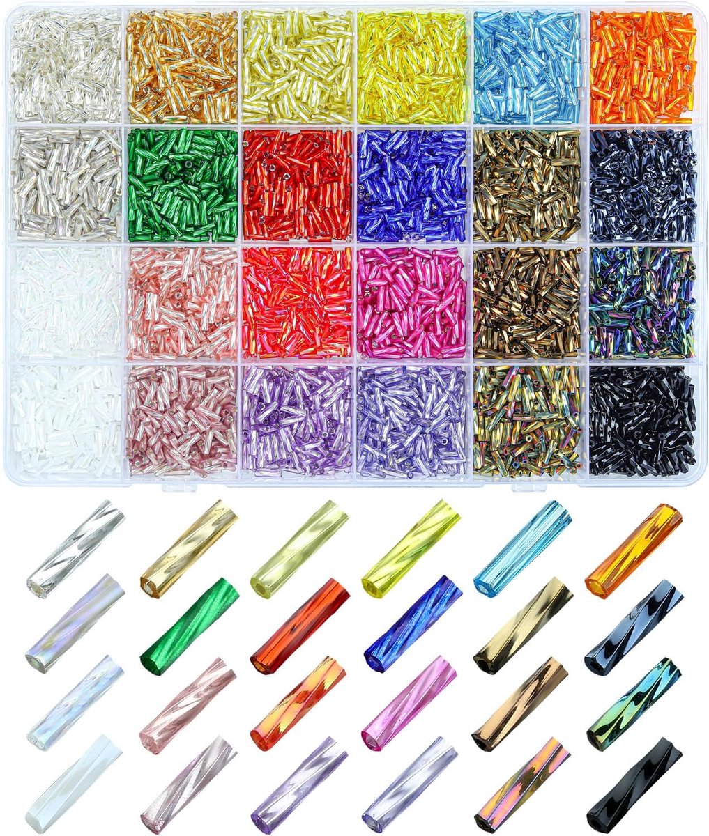 Kralen kit voor armbanden, 7 x 2 mm, kleine glazen bugle rocaillekralen voor doe-het-zelf handwerk, sieraden, halskettingen, oorbellen, buiskralen met organizerdoos