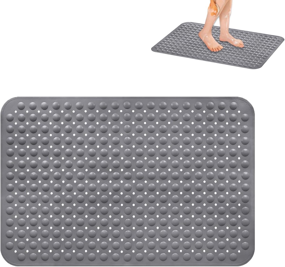 Douchemat antislip, 60 x 90 cm, dikke antislipmat, douchemat met afvoergaten en zuignappen, douchemat machinewasbaar, voor douche (grijs)