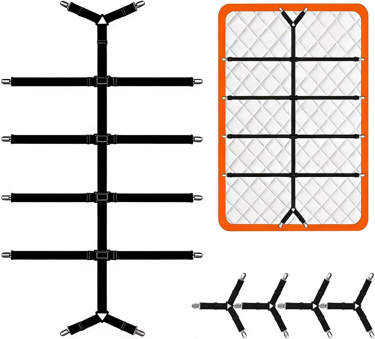 Lakenspanners, super elastisch, lakspanner met metalen clip, antislip, voor hoeslakens, matras, strijkplank en bank (zwart)