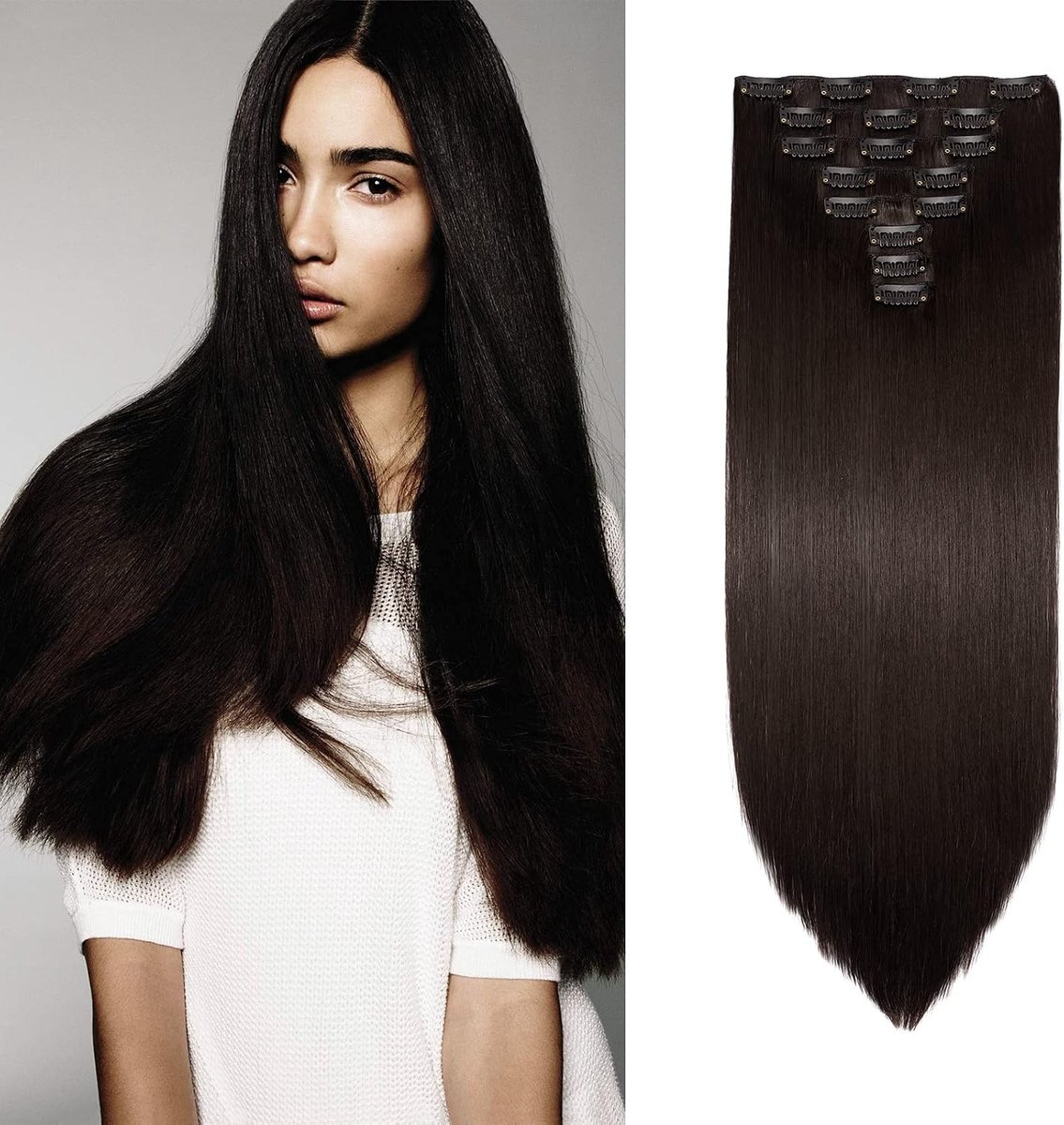 Clip In Extensions 8 Delige Set Haardeel Haarverlengingen Glad Haarverdikking Zoals Echt Haar Kunsthaar Haar Voluminosus Hittebestendig Lang Middeldonkerbruin