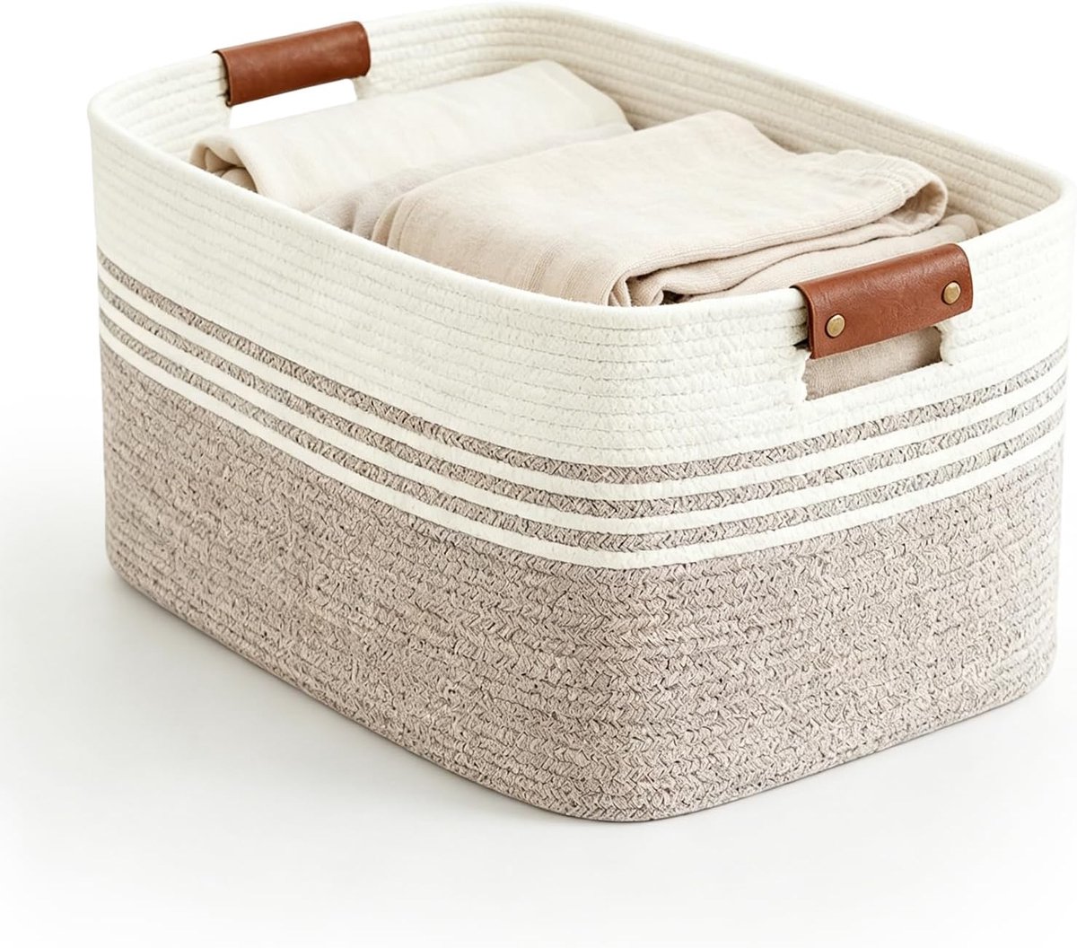Wasmand, gevlochten, 45 x 35 x 27 cm, katoenen touw, opbergmand met lederen handgrepen, decoratieve mand voor dekens, kleding, speelgoed, dekmand voor slaapkamer, woonkamer, kinderkamer