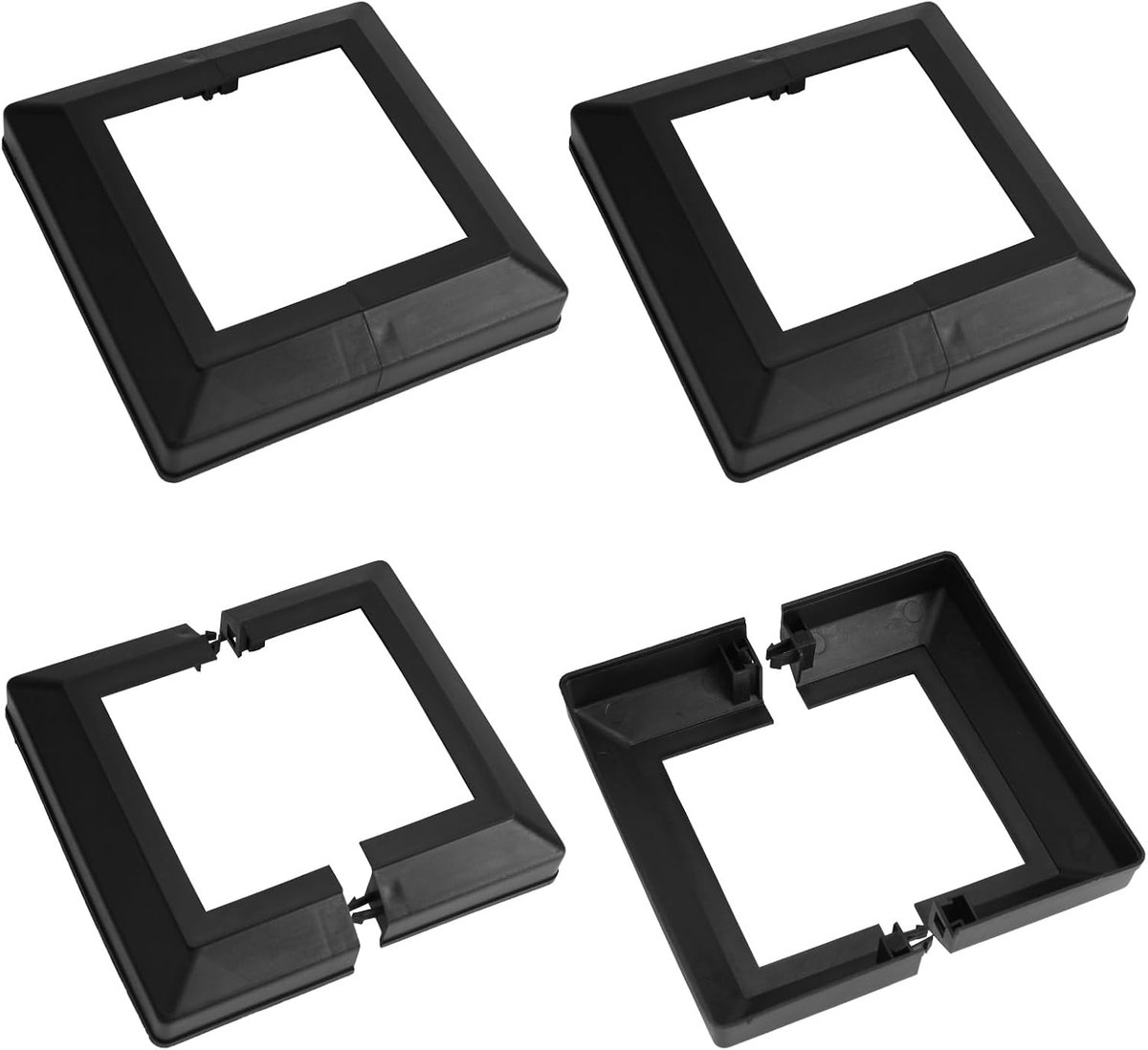 4-pack 100x100mm kunststof paalbasisafdekkingen - decoratieve vierkante relingbasisrok voor trapleuning omheining (zwart, buitenframe 165mm)