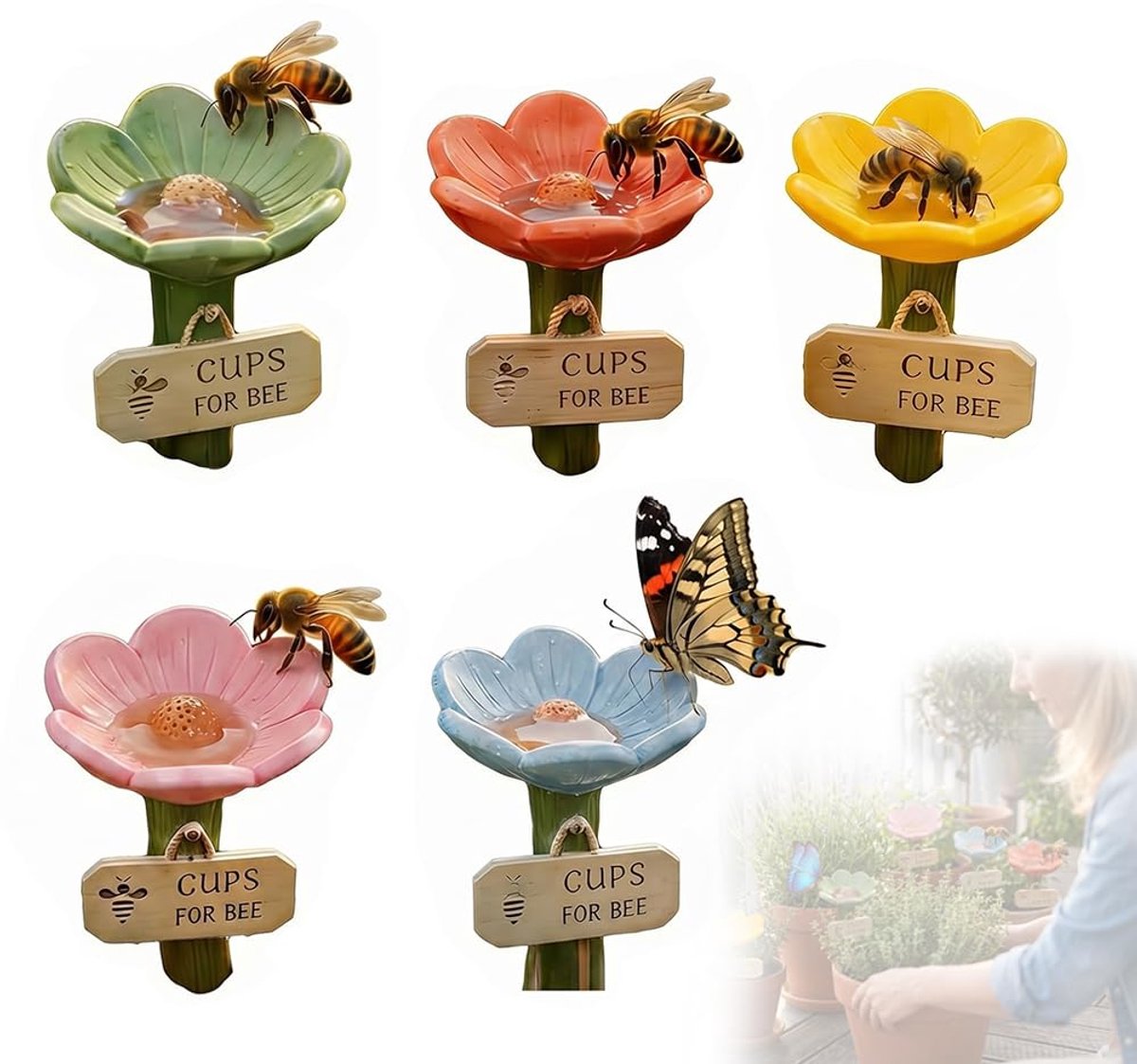 Set van 5 bijendrinkbakken voor de tuin, insectenbak voor bijen en vlinders, kleurrijke bloemenvormige bijen, drinkbeker, bijenwaterstation voor dorstige bestuiver, insectendrinker, tuindecoratie