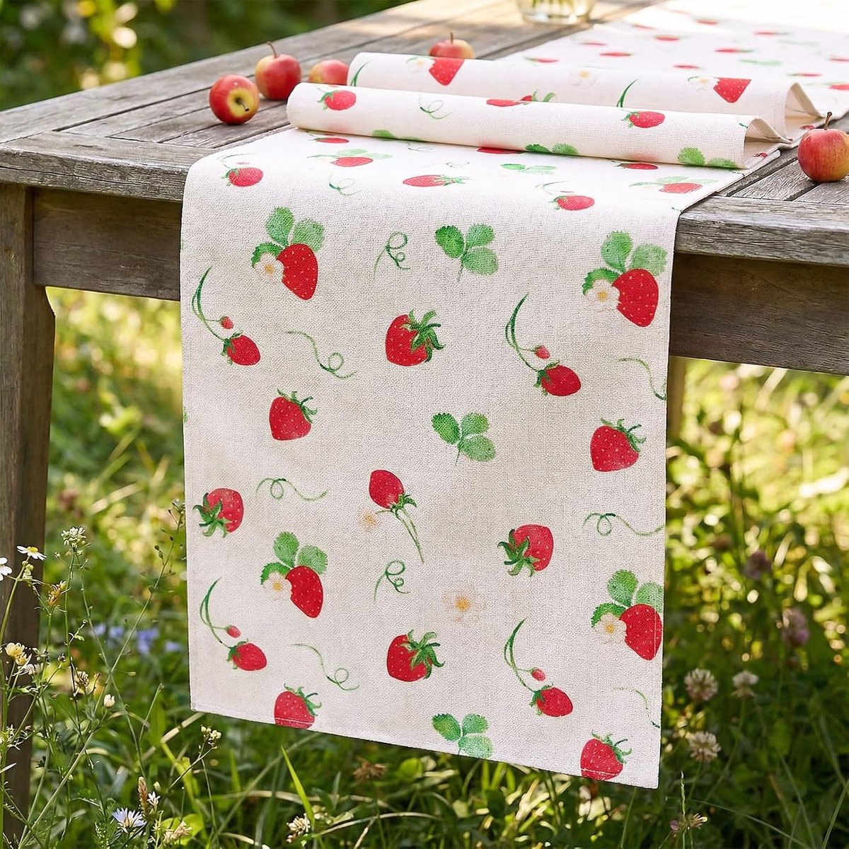 Tafelloper, beige, 40 x 140 cm, boho, decoratieve tafelloper, modern, zomer, aardbeien, landelijke stijl, afwasbaar, tafelloper, smal voor keuken, tafeldecoratie, bank, huis, terras, buiten