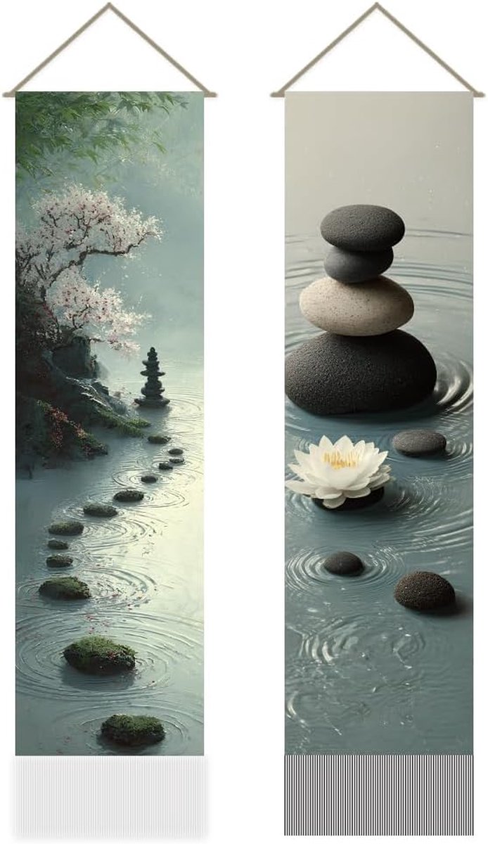 2 stuks Zen Lotus-tapijt, watersteen lange verticale wandkleed, kwastjes wandtapijt. Mystieke esthetische decoraties voor slaapkamer en woonkamer (118 x 30 cm)