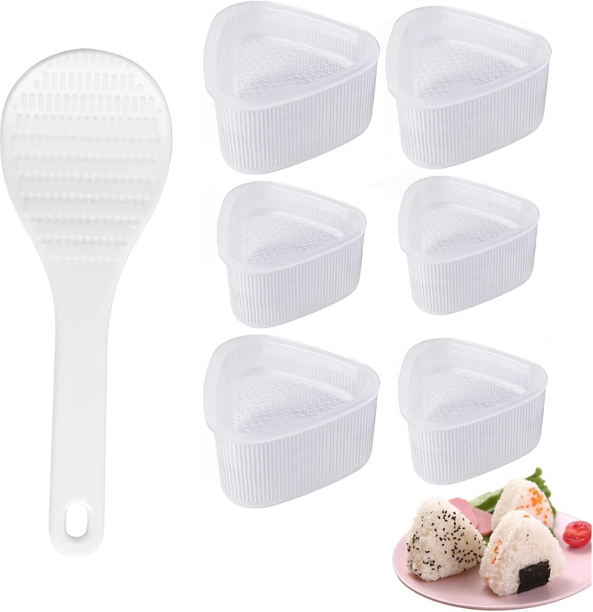 set van 6 driehoekige sushi-vormen, 3 grote en 3 kleine, inclusief 1 rijstlepel, driehoekige onigiri-vorm om zelf rijstballen voor restaurants te maken, Japanse keuken