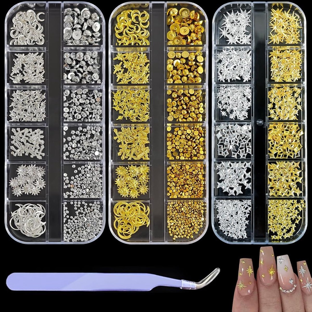 3 stuks nagelbedels, doosjes nagelbedels, bedels, nagels, goud-zilver, sterstrikken, parels, nagelsieraden, nagelstenen, set met pincet, nails art bedels voor vrouwen, nageldesign, accessoires