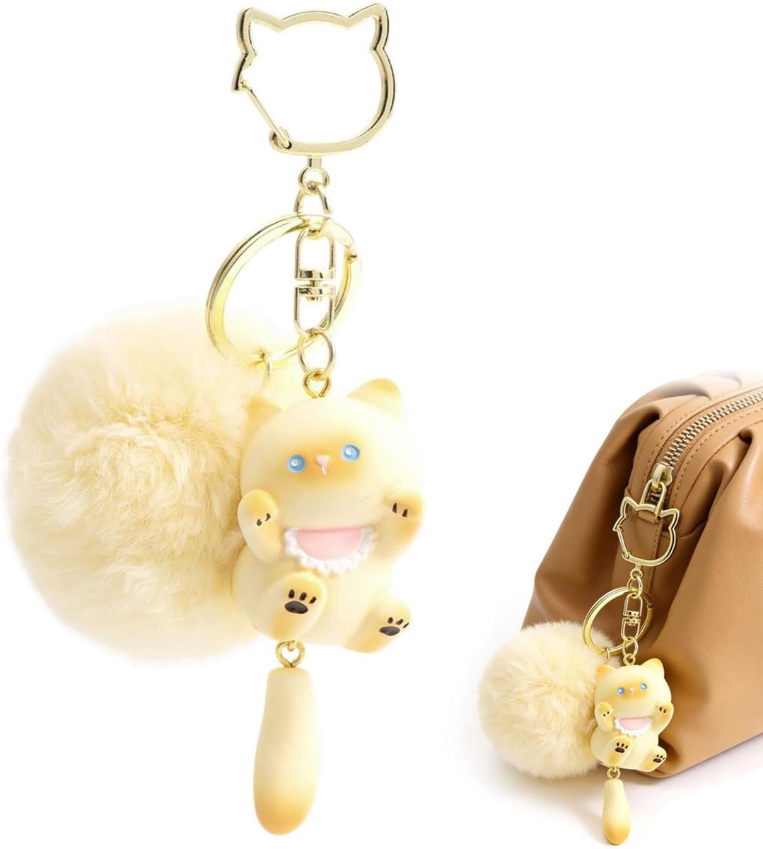 Sleutelhanger met pluizige Pompon, schattige Tas Hanger voor Meisjes en Vrouwen, Verjaardagscadeaus en rugzakversieringen, Beige Kat