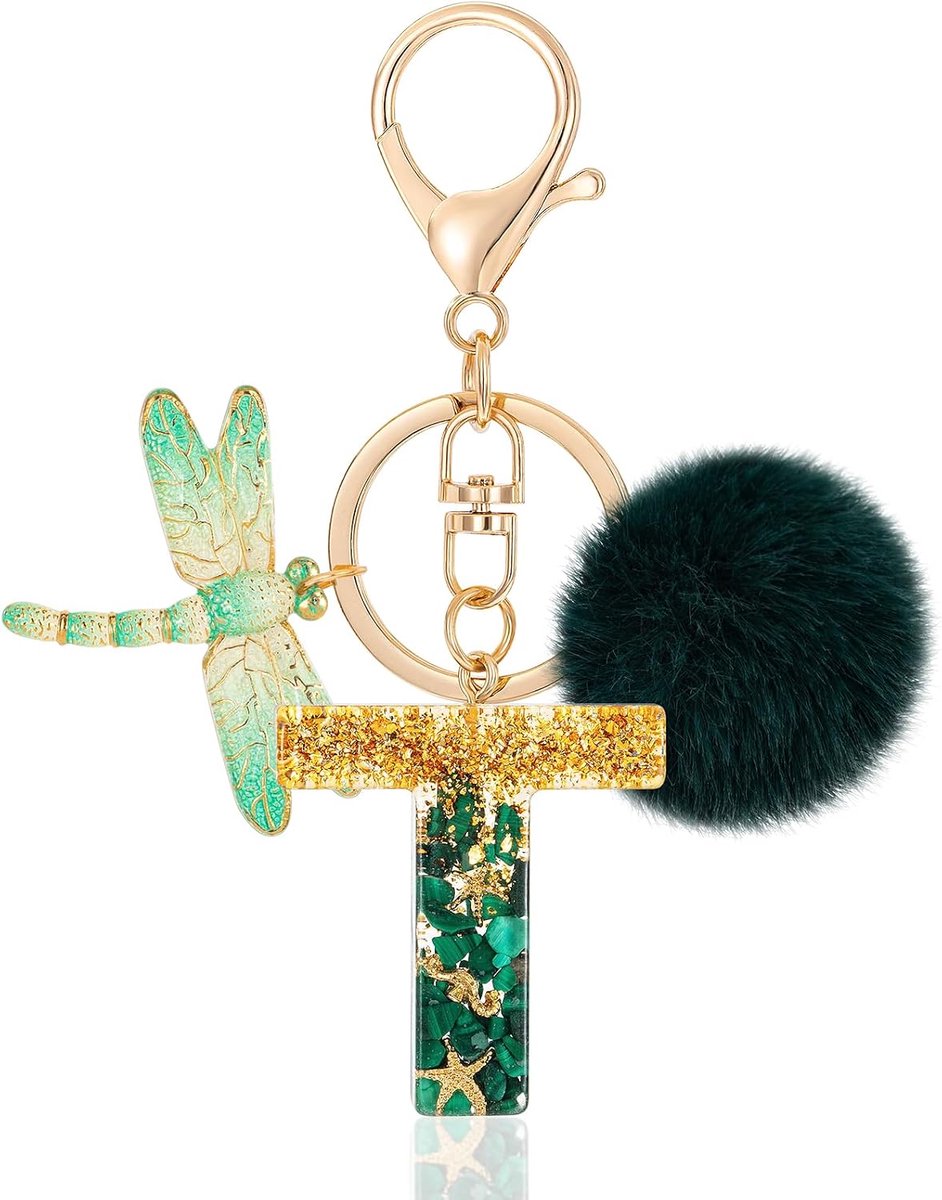 Initiële Letter Sleutelhangers Letter Sleutelhanger, Alfabet Initiële Sleutelring met Libel Pompon Hanger, Groene Sleutelring voor Vrouwen Portemonnees Handtas Bagage Charme, Groen, 1