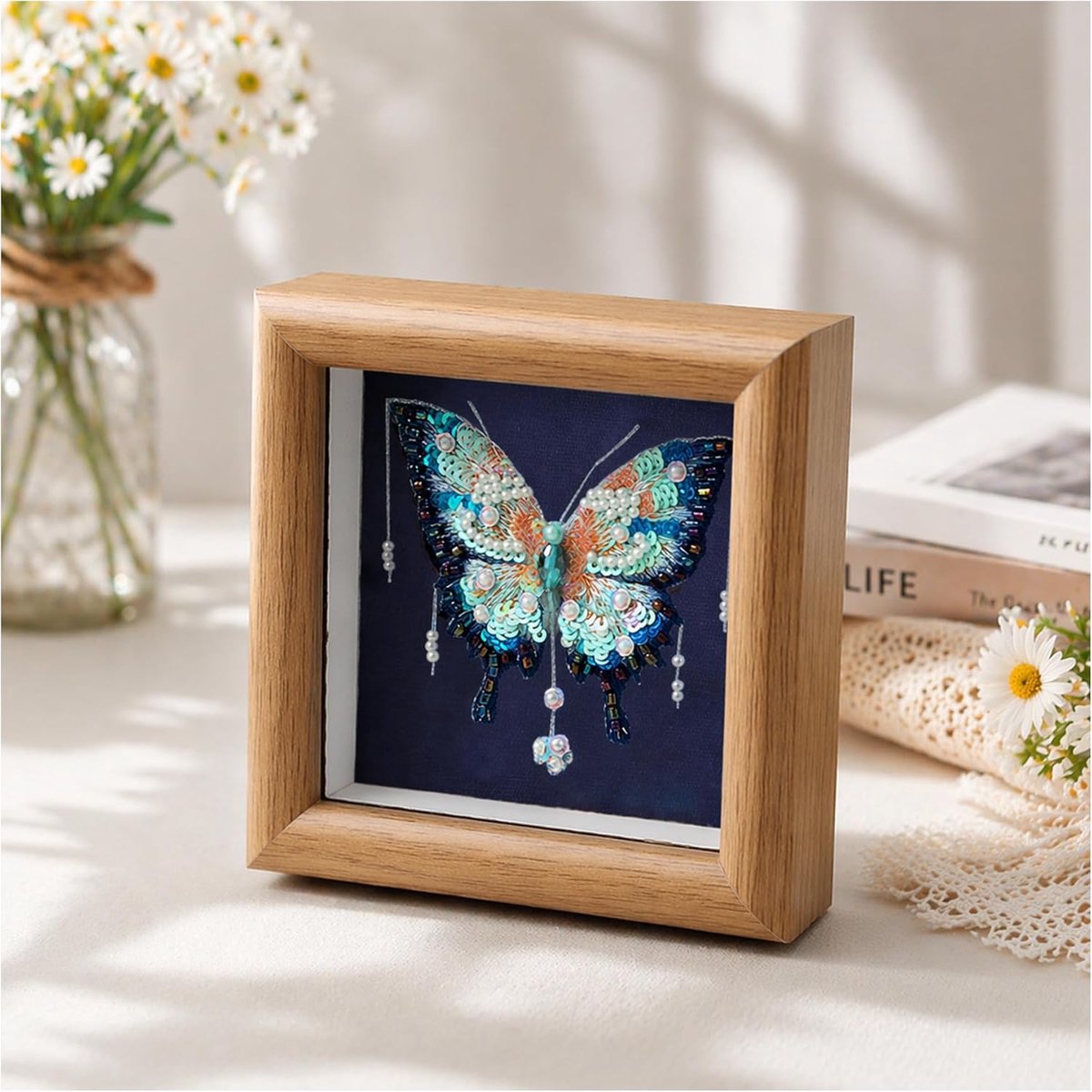 3D-borduurset voor volwassenen, decoratief frame, vlinder met parels en pailletten, complete borduurset voor beginners, om te knutselen voor volwassenen, patroon om te borduren, cadeau-idee en