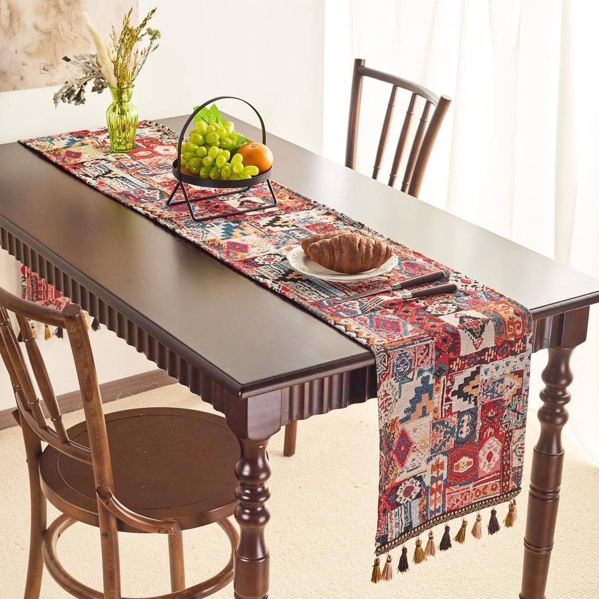 tafelloper linnen bohemian etno katoen tafeldecoratie boho geometrisch jacquard rood tafelloper met kwasten tafelkleed voor keuken eettafel 33 x 120 cm