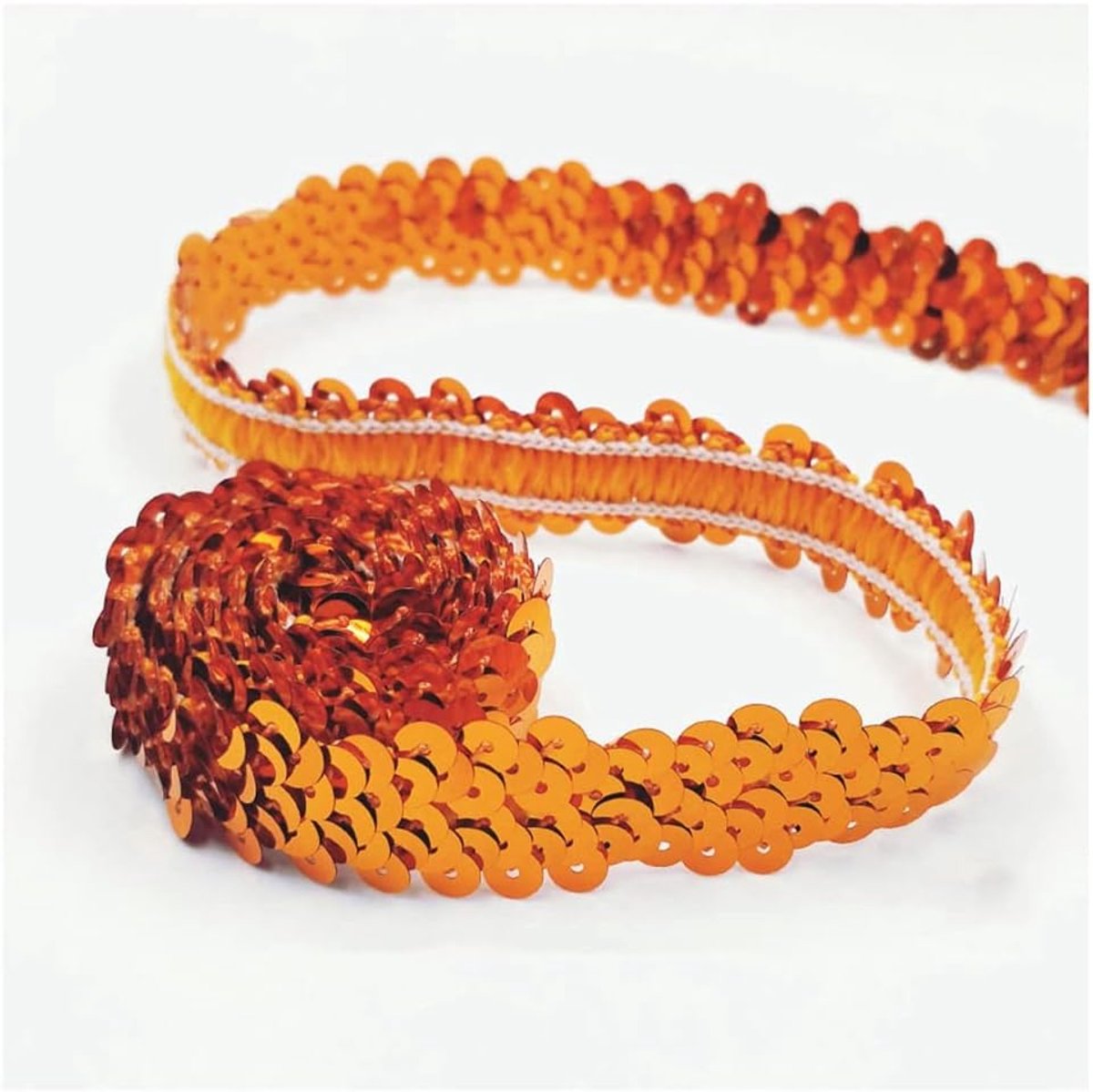 Paillettenband, elastische paillettenband, 2 cm breed, paillettenband, trim, 2-rijige paillettenboord, stoffen band voor doe-het-zelf naaien, kleding, handwerk, decoratie, oranje
