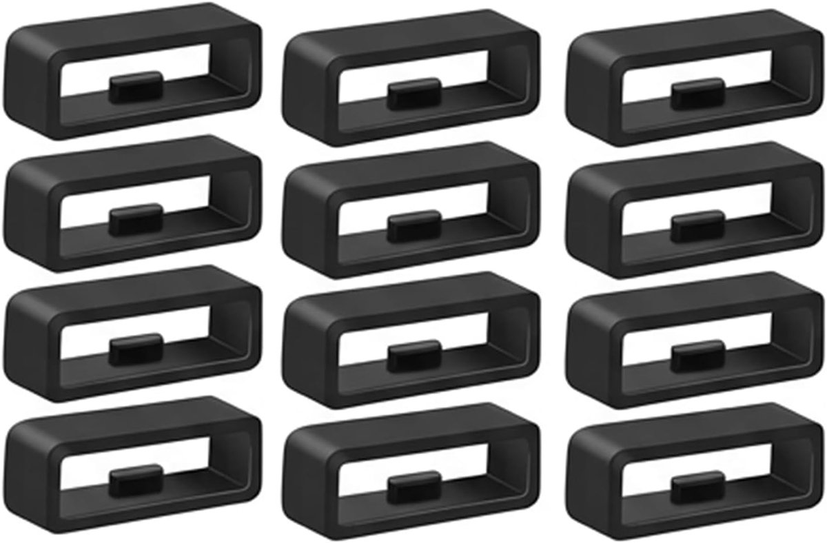12-delige set horlogebandjes met ring, 20 mm, siliconen horlogebandvervanger, set zachte rubberen sluitingen, horlogebandaccessoires, zwart, aangenaam om te dragen zonder vreemd lichaamsgevoel
