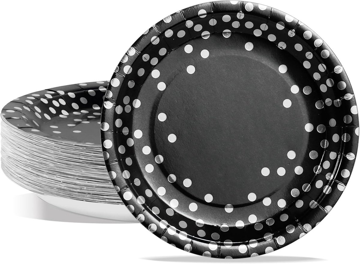 borden, 50 stuks wegwerp-zwarte, zilveren platen, folie polkadots, 50 centimeter - 23 cm