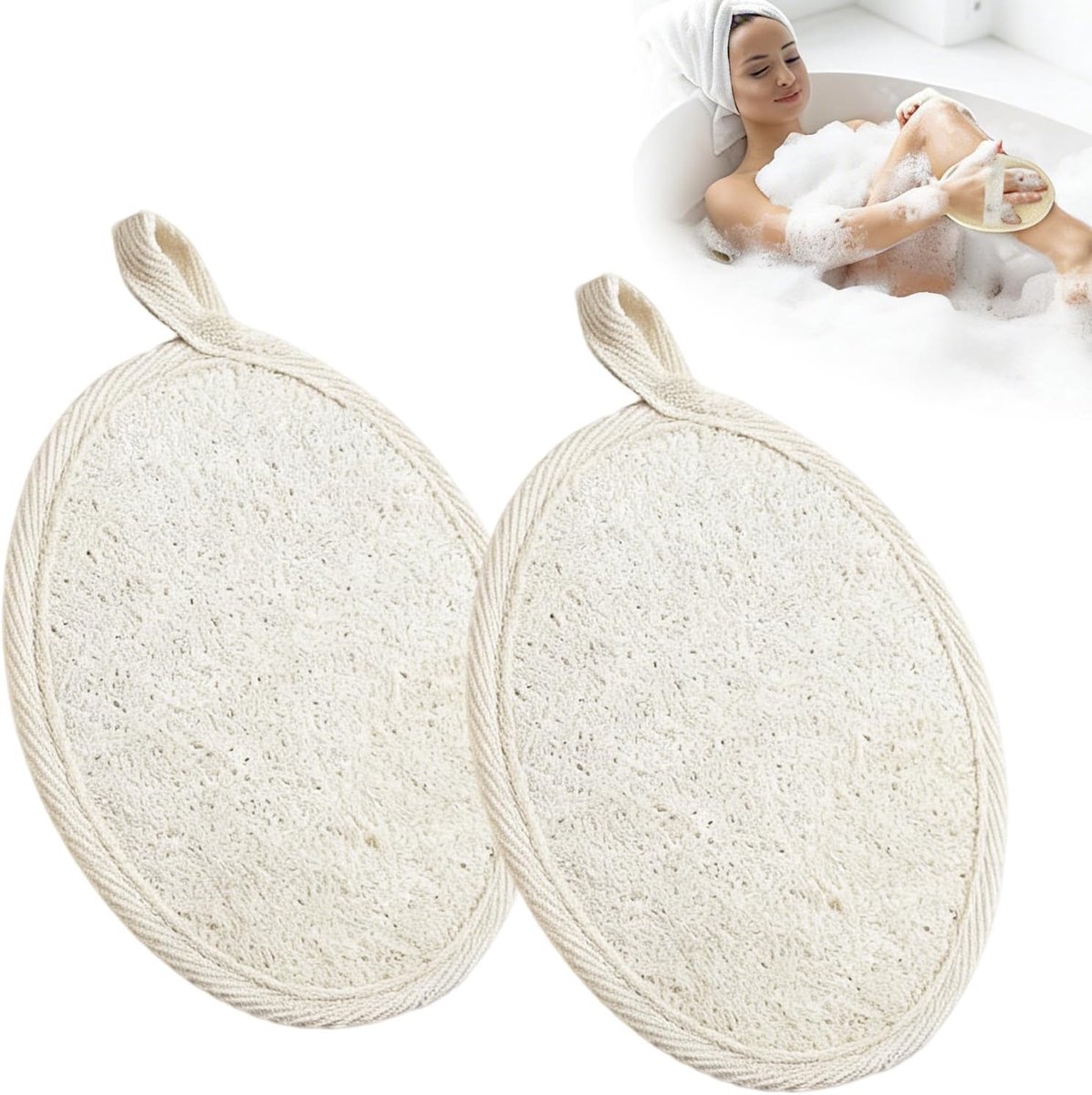 2 stuks Loofah spons, natuurlijke spons, eling, lichaamsspeeling, loofah pad van milieuvriendelijke biologisch afbreekbare douche-peelingspons, badspons, douchespons voor douche en spa