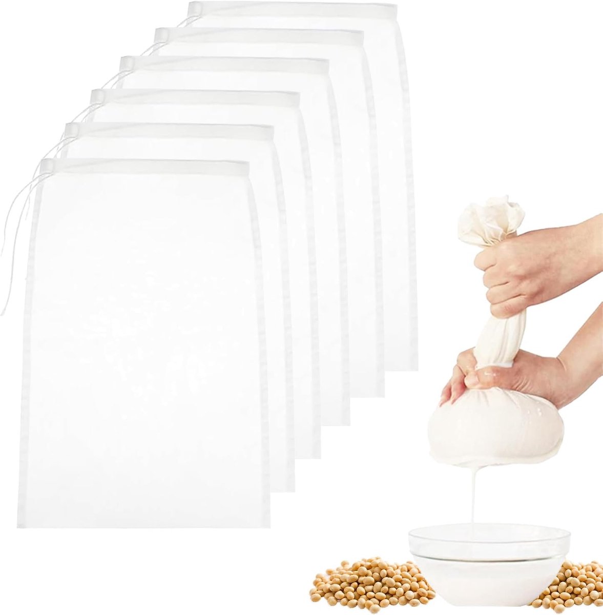6 stuks herbruikbare zeefzak, 20 x 30 cm kaasdoek schroekkoord zakken, fijn gaas nylon wasbaar, voor koken, cold brew koffie, notenmelk, sojamelk, sap, yoghurt, jam