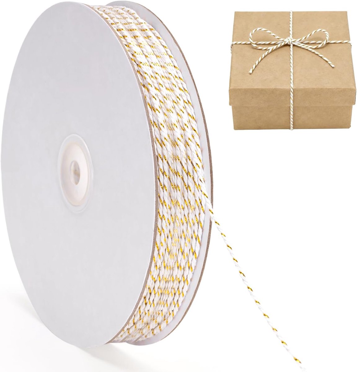 100 m katoenen koord: 2 mm, wit katoenen koord met gouden draad, voor het verpakken van geschenken, doe-het-zelf decoratie, Kerstmis, bakkers en knutselwerk