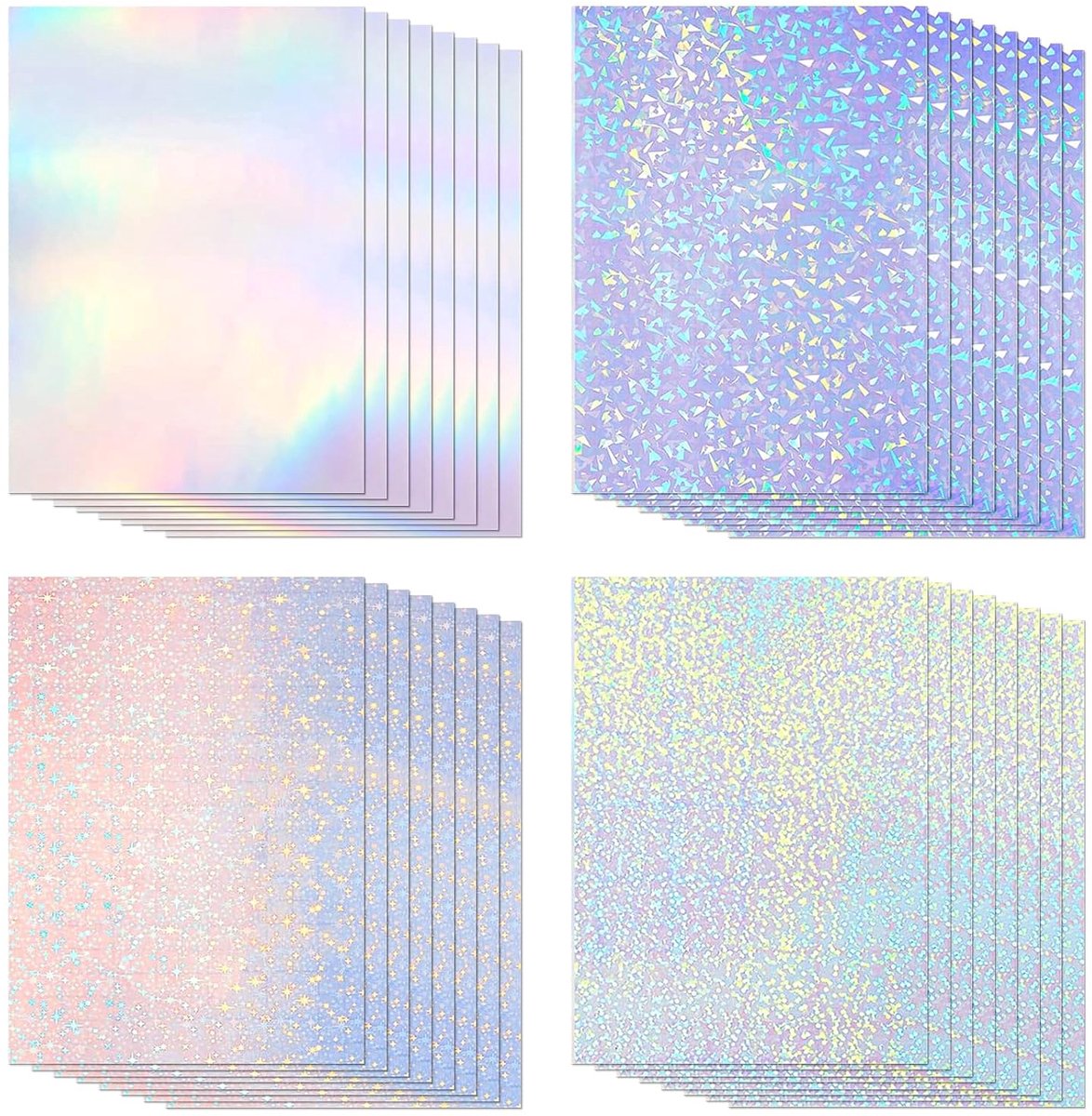 32 vellen plakfolie, transparant venster, zelfklevende folie, transparant papier met A4-formaat, 4 stijlen gemengd, holografische heldere vinyl stickerpapier