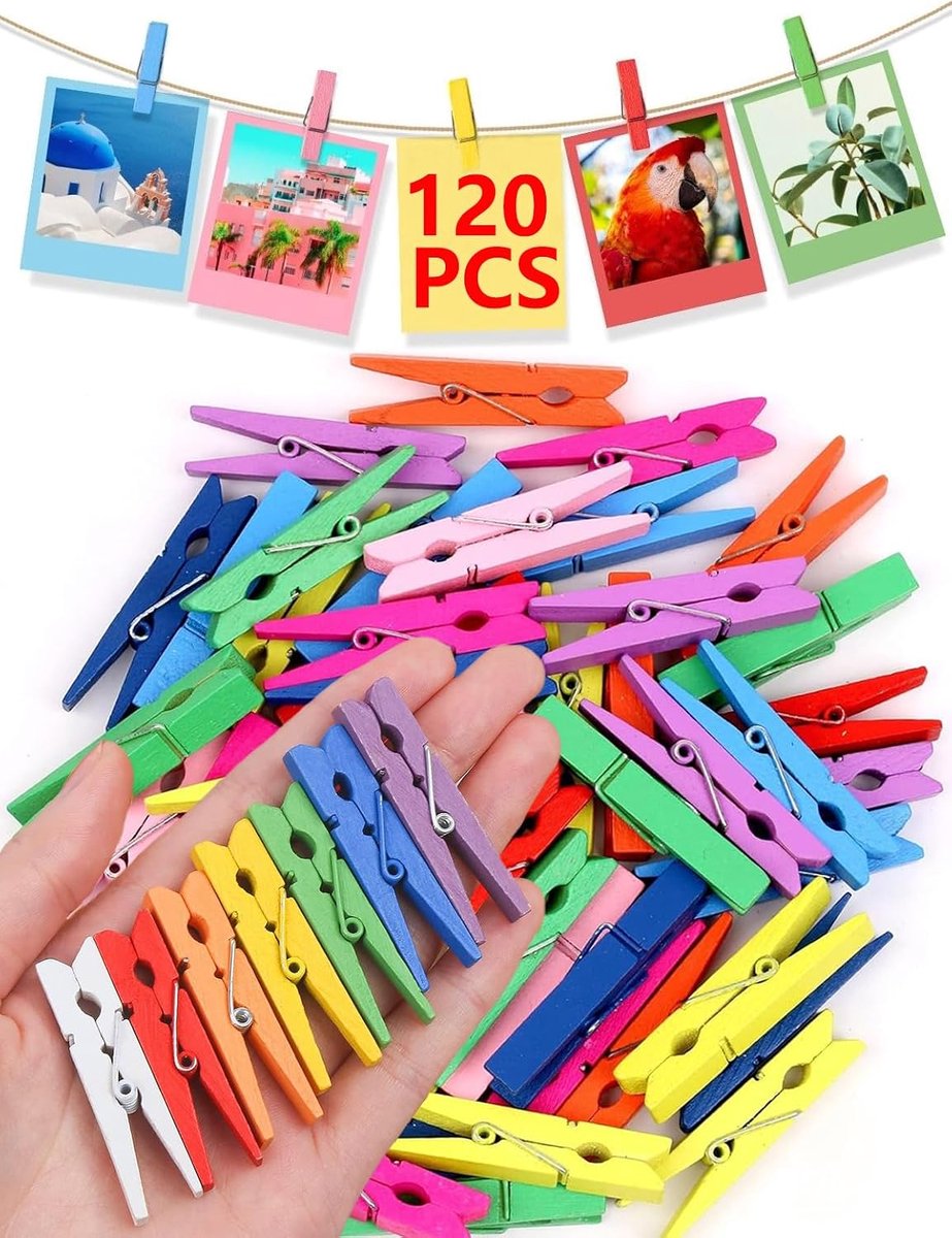 120 stuks mini-houten knijpers, klein, mini-wasknijpers, hout, decoratieve knijpers, fotoklemmen, decoratieve knijpers voor school, kantoor, huiswerk, decoratie (kleur, 4,8 cm)