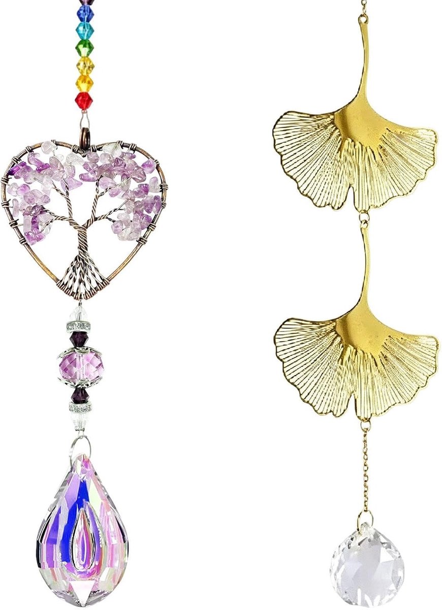 2 Stuks Crystal Licht Vangen Ramen Voor Opknoping, Boom Van Het Leven Thema Hanger, Regenboog Effect Met Zonlicht Refractie, Geschikt Voor Ramen, Interieur (Paars, Goud).