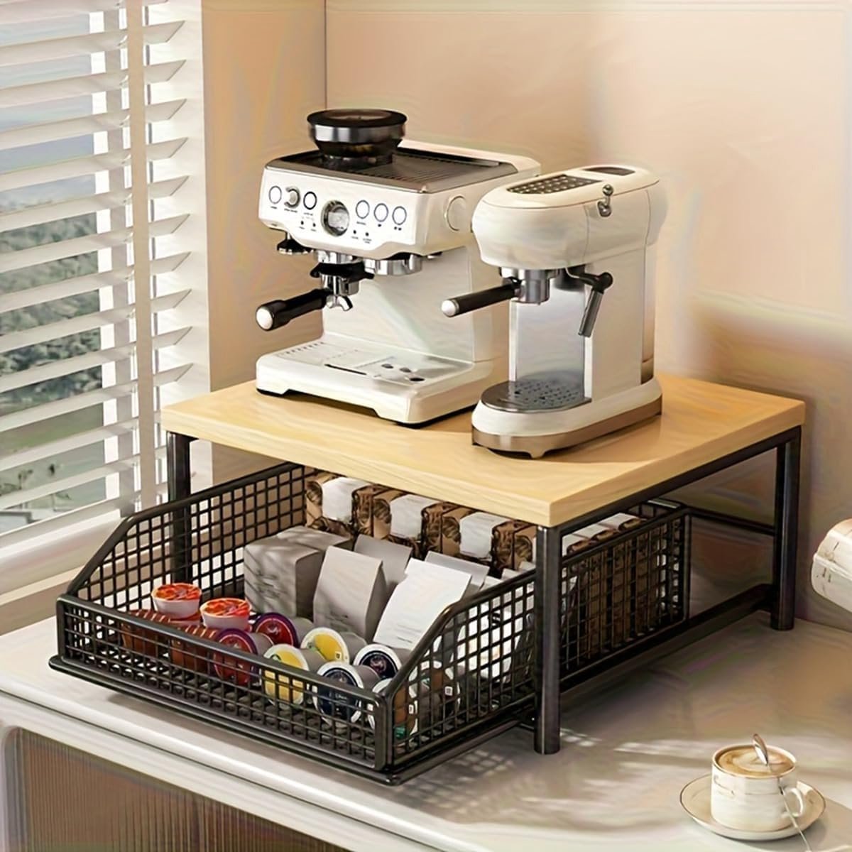 Aanrechtorganizer voor keuken met lade en draadmand - stevige hardhouten plank voor koffiezetapparaat en magnetron, ruimtebesparend ontwerp