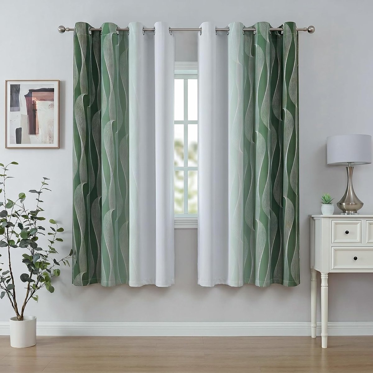 Set van 2 groen-witte gordijnen met kleurverloop, H 160 x B 140 cm, 80-90% lichtreducerende gordijnen met golflijnpatroon, voor woonkamer, slaapkamer, kantoor, eetkamer, moderne