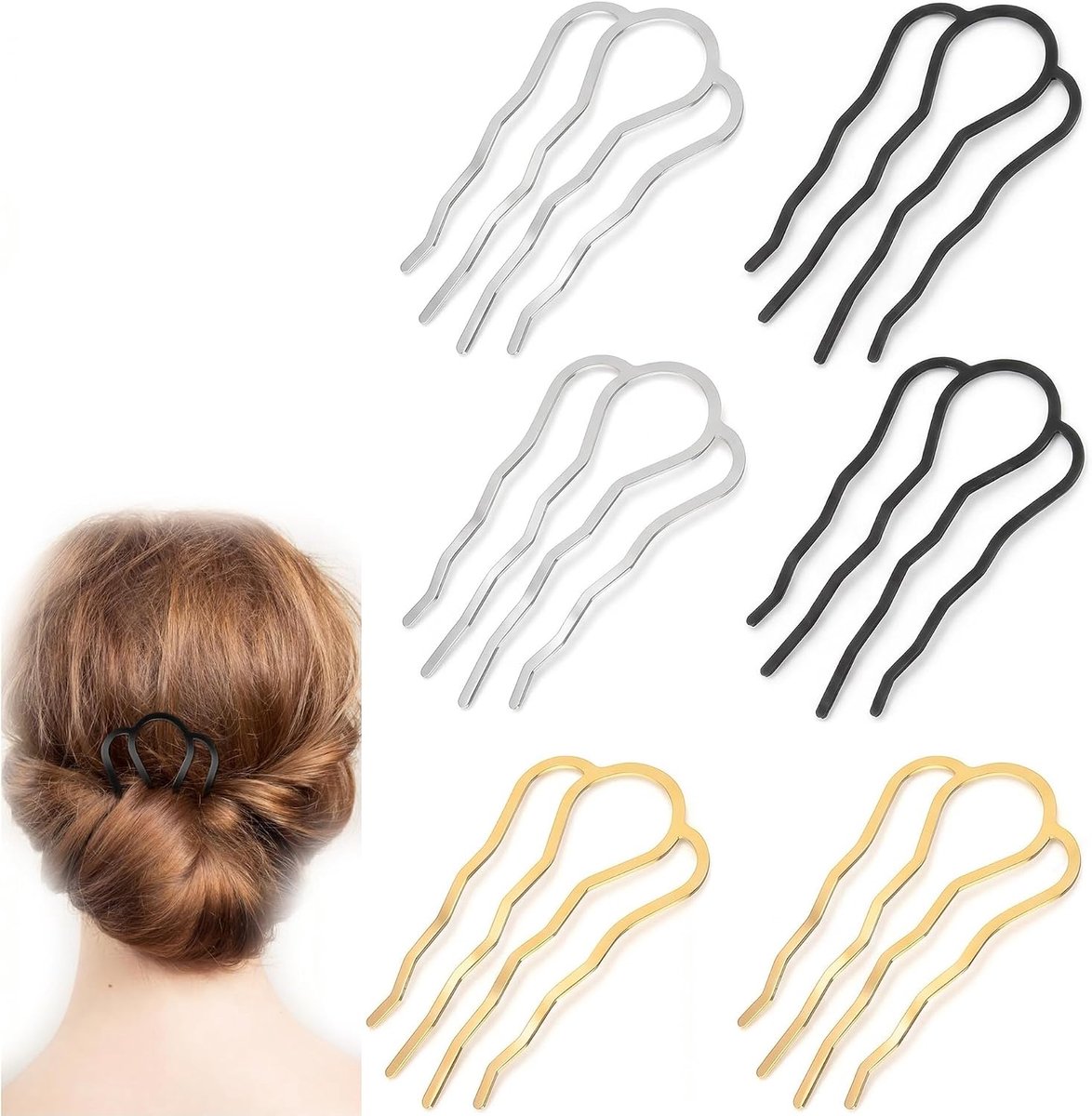 6-delige 4-tands haarvorkclips, U-vormige haarspelden, vintage stijl haarstylingaccessoires voor Franse twists, rommelige updates en knotkapsels