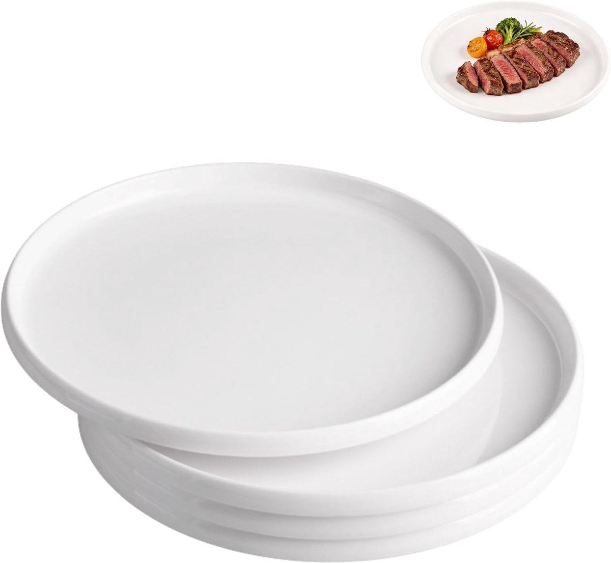 Set van 4 platte borden van melamine, 23 cm, set borden, wit, groot, rond, met rand