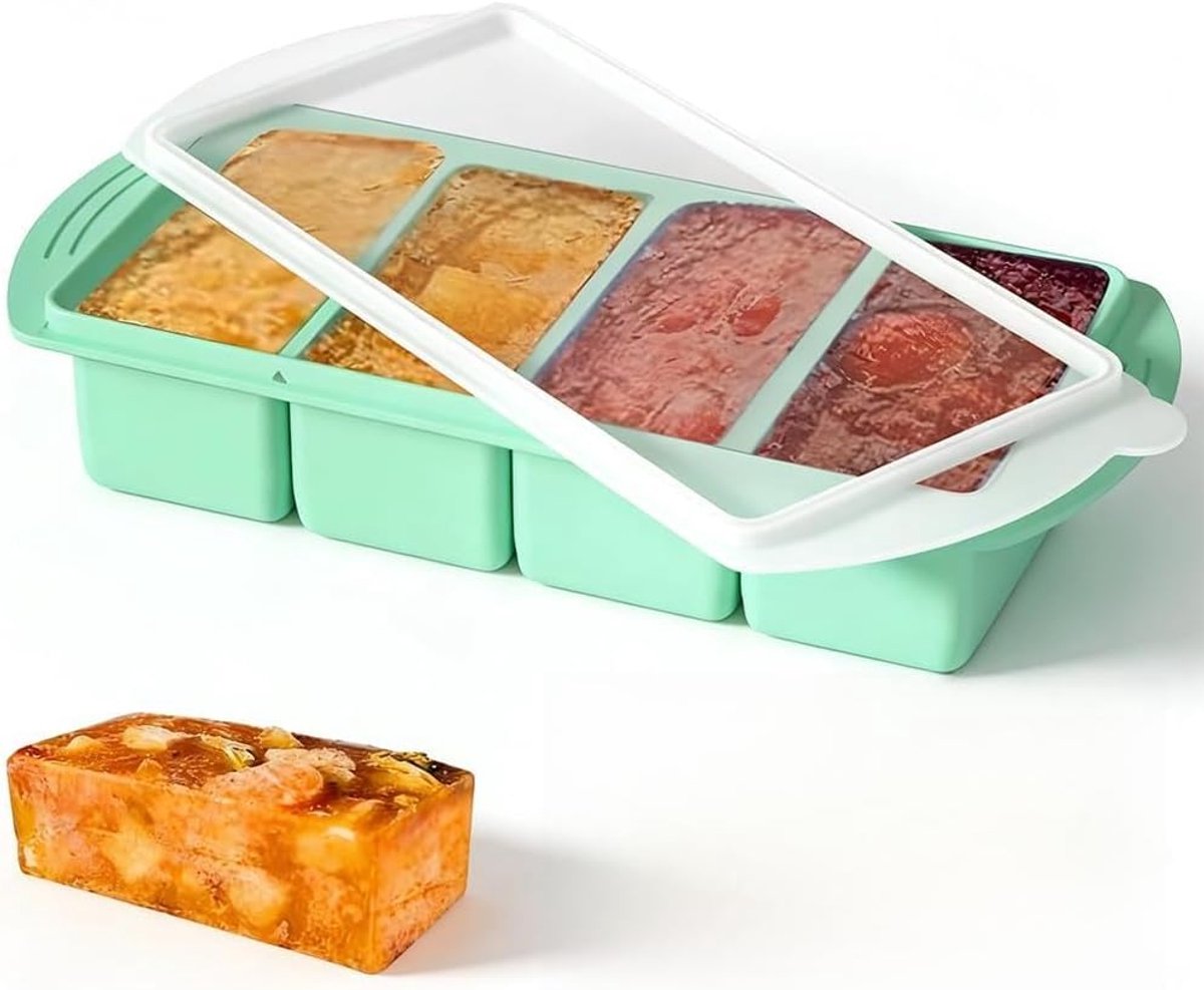 1 kop siliconen diepvriesbak met deksel, 4-kops compartimenten, grote ijsblokjesvormen voor batchkoken, perfect voor het bewaren van soep, bouillon, sauzen, batch koken