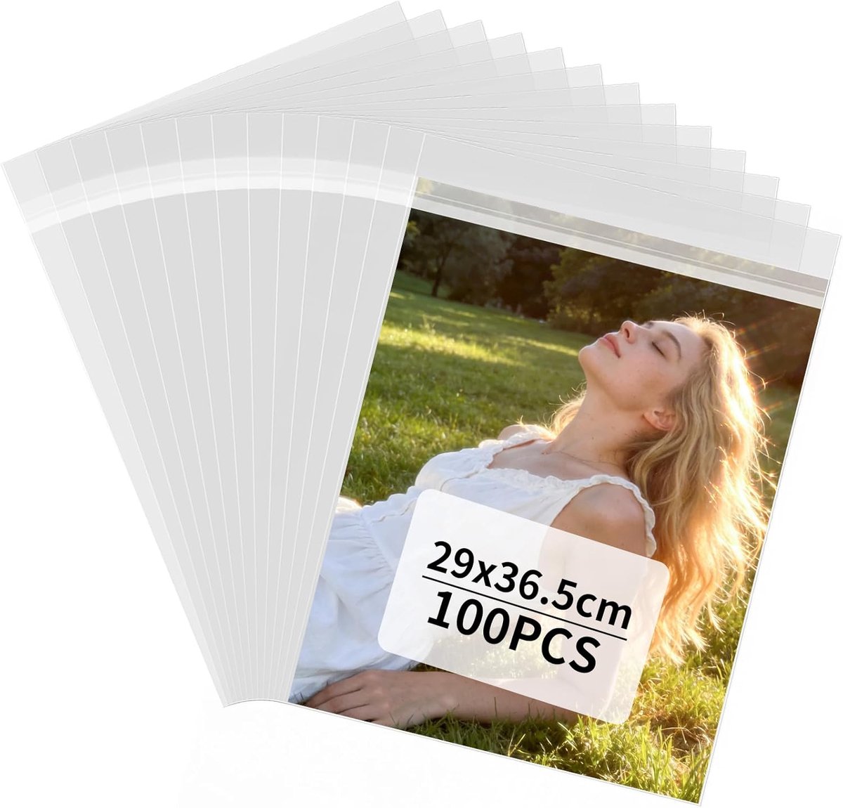 Cellofaanzakken, 100 Stuks 29 * 36.5cm Cellofaan Zakjes Transparant met Plakstrip, Zelfklevende Plastic Zakken, voor Tijdschrift, Documenten, Ansichtkaarten