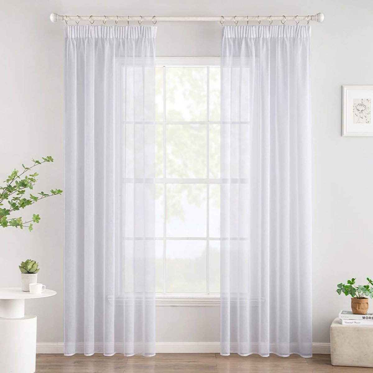 Korte gordijnen, transparant, gordijnen, binnengordijnen, met plooiband, modern, voor slaapkamer, woonkamer, huis, 2 stuks, 140 x 235 cm, wit