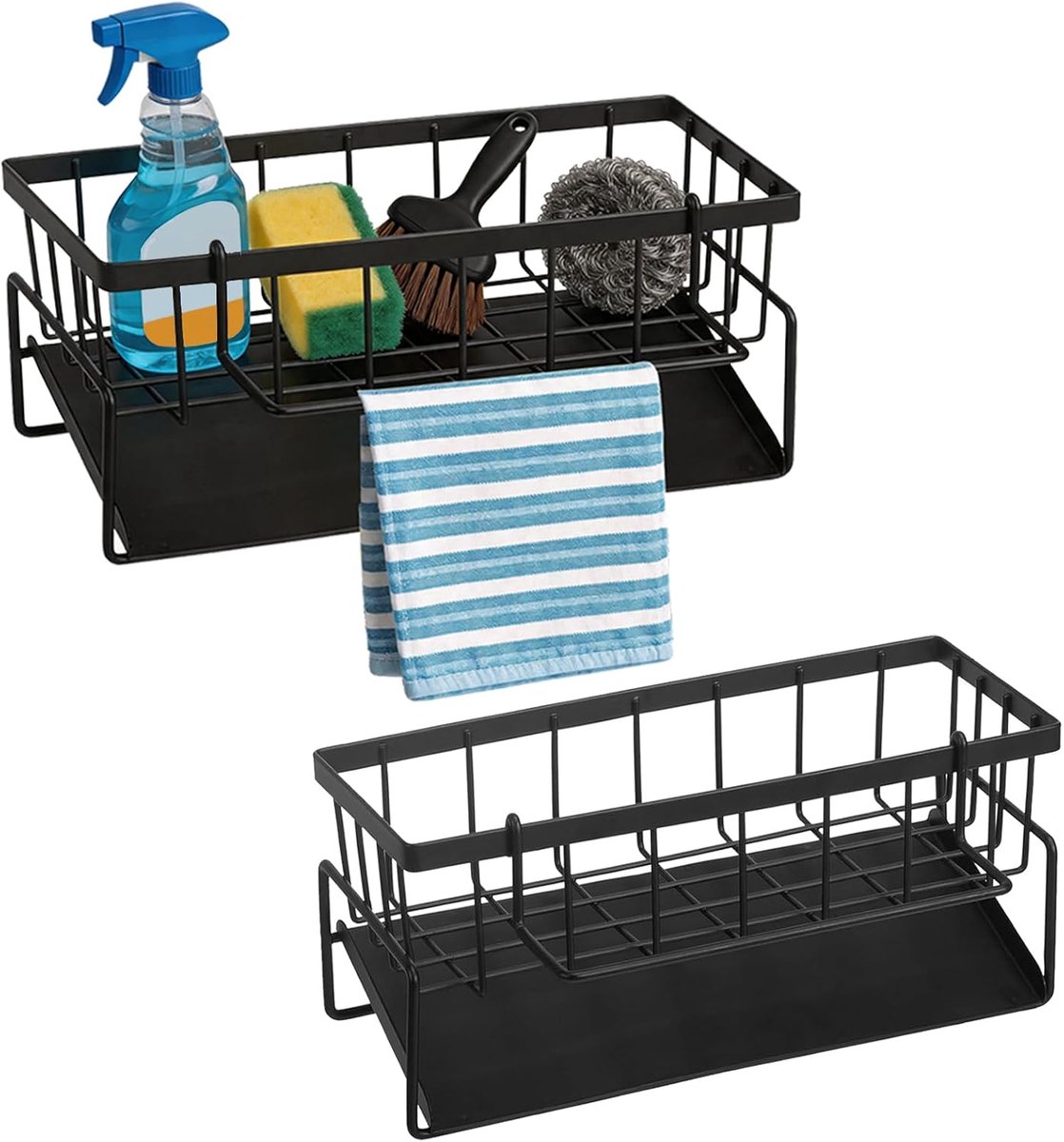 2 stuks keukenspoelbakorganizer met afdruipbak en afneembare vaatdoekhouder, zwarte gootsteenorganizer, sponshouder van koolstofstaal, keuken, opslag, gootsteen voor keukenaccessoires