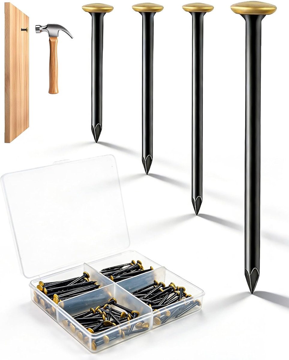 120 Stalen Spijkers Set Opbergdoos 20/25/30/40mm Schilderijhaakjes | Set van 120 Stalen Spijkers met Messing Kop, 4 Maten, Ideaal voor Schilderijen, Fotolijsten en DIY Decoratie.
