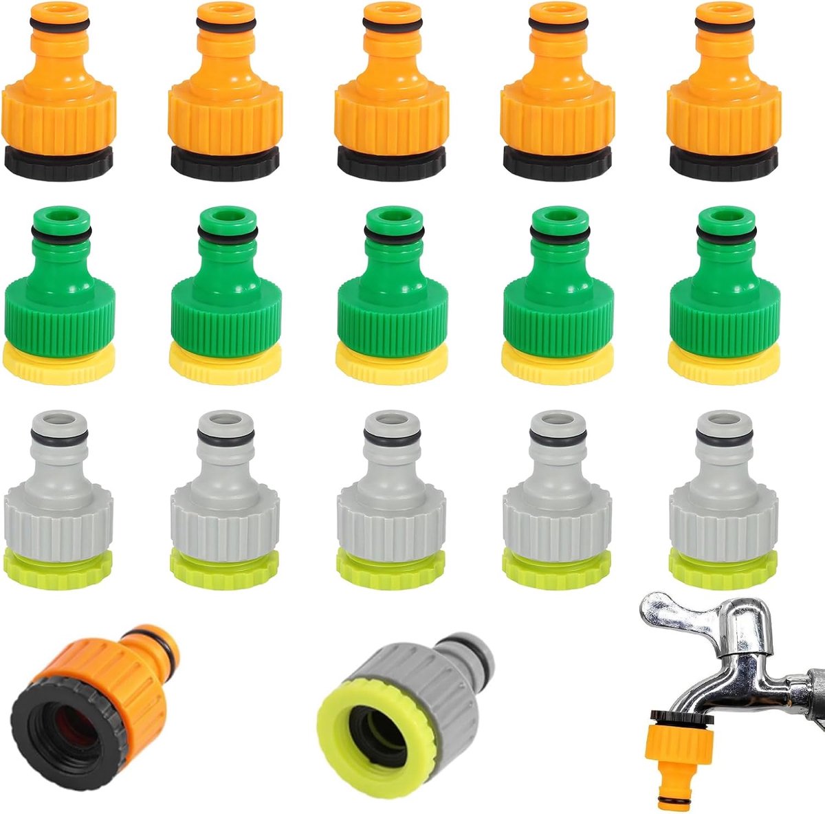15 stuks kraanadapter tuinslang 1/2 en 3/4 inch - kraanaansluiting van ABS, slangadapter voor tuinirrigatie, robuuste tuinslangaansluiting universeel, 3 kleuren