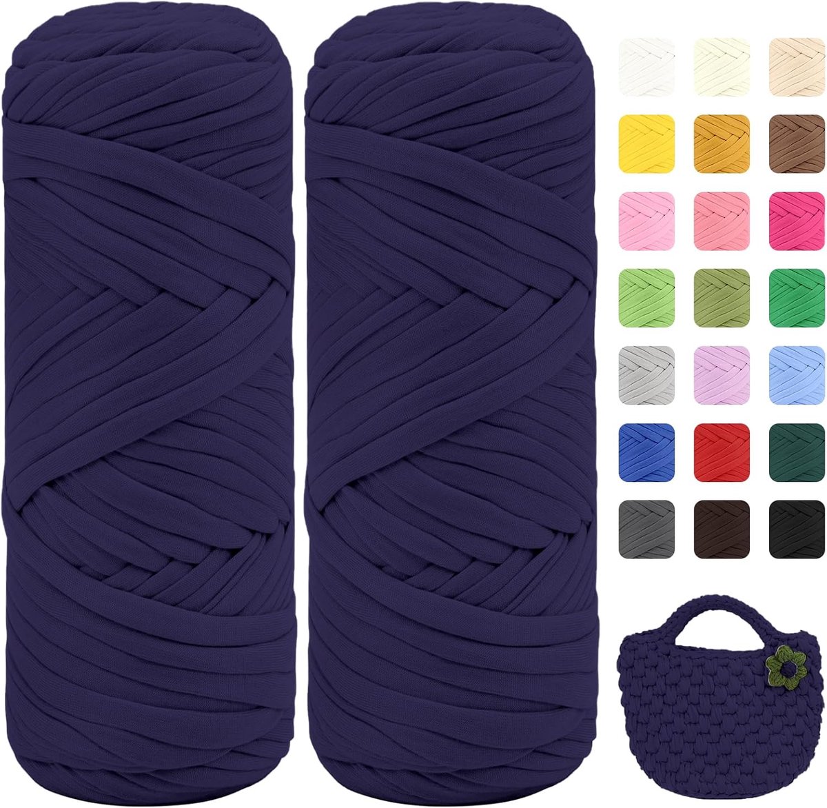 400 g T-shirtgaren, set van 2 stuks (elk 200 g/75 m), zacht bijloosgaren voor haken en breien, kleurintensief en onderhoudsvriendelijk, ideaal voor haaktassen, manden, tapijten, doe-het-zelf