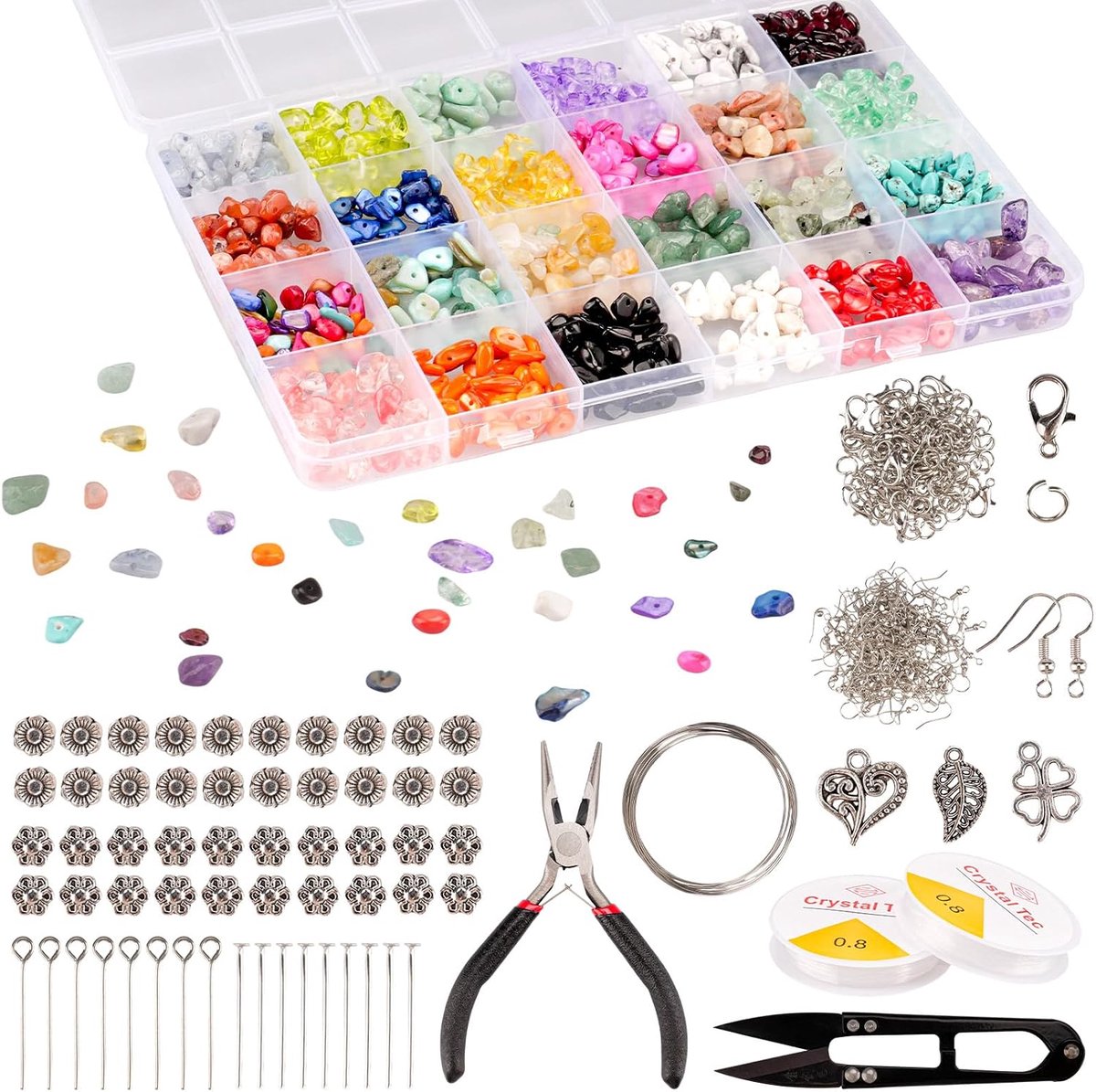 Kralenset, 24 soorten edelsteenkralen om te rijgen, sieraden zelf maken, set armbanden zelf maken, knutselen volwassenen, creatieve set, doe-het-zelf armband, oorbellen, ketting