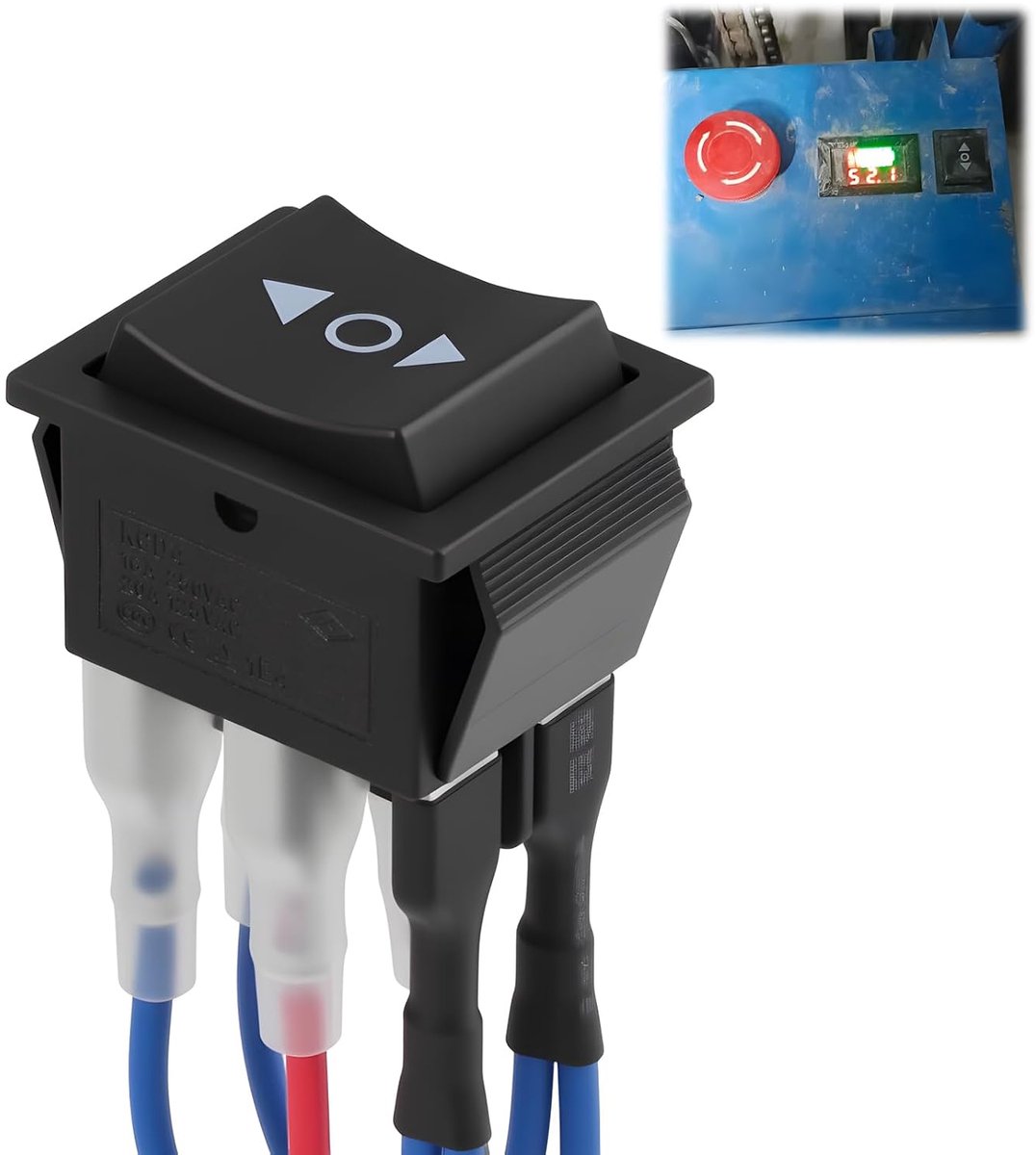 polariteit, 12 V, 10 A, tuimelschakelaar, 6-polig, 3 posities ON-OFF-ON zelfblokkerend, richtingsregeling DC-motor met draden KCD2-203-L-JT