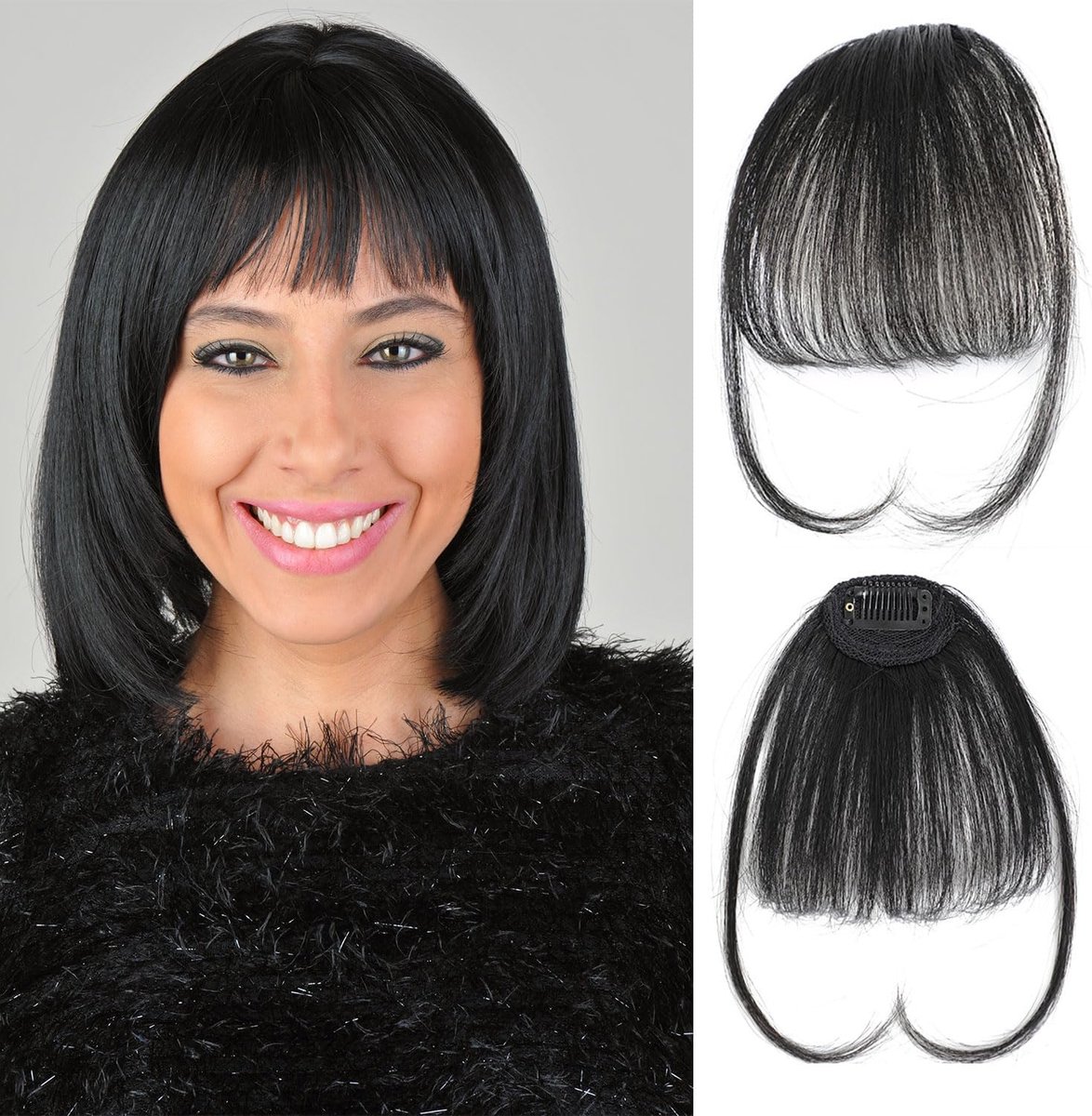 Pony 100% Echt Haar - Onzichtbare Licht/Gekrulde Pony met Slaaphaar voor Dames (Zwart)