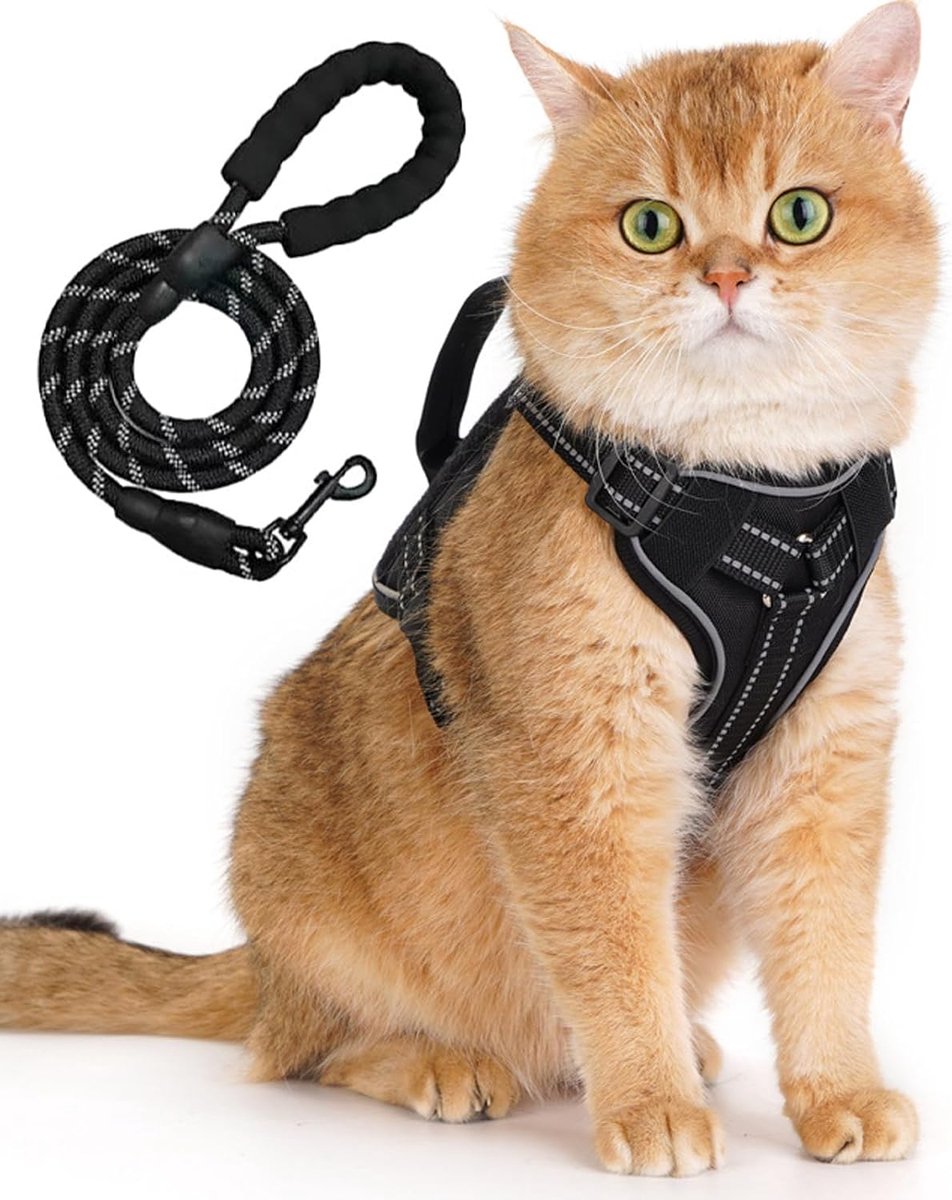 Kattenharnas met riem, verstelbaar harnas voor katten met riem, veiligheidstuig voor katten met reflecterende strepen, kattenharnas tegen lekkage, voor kittens en puppy's (S / 3 - 6,5 kg)